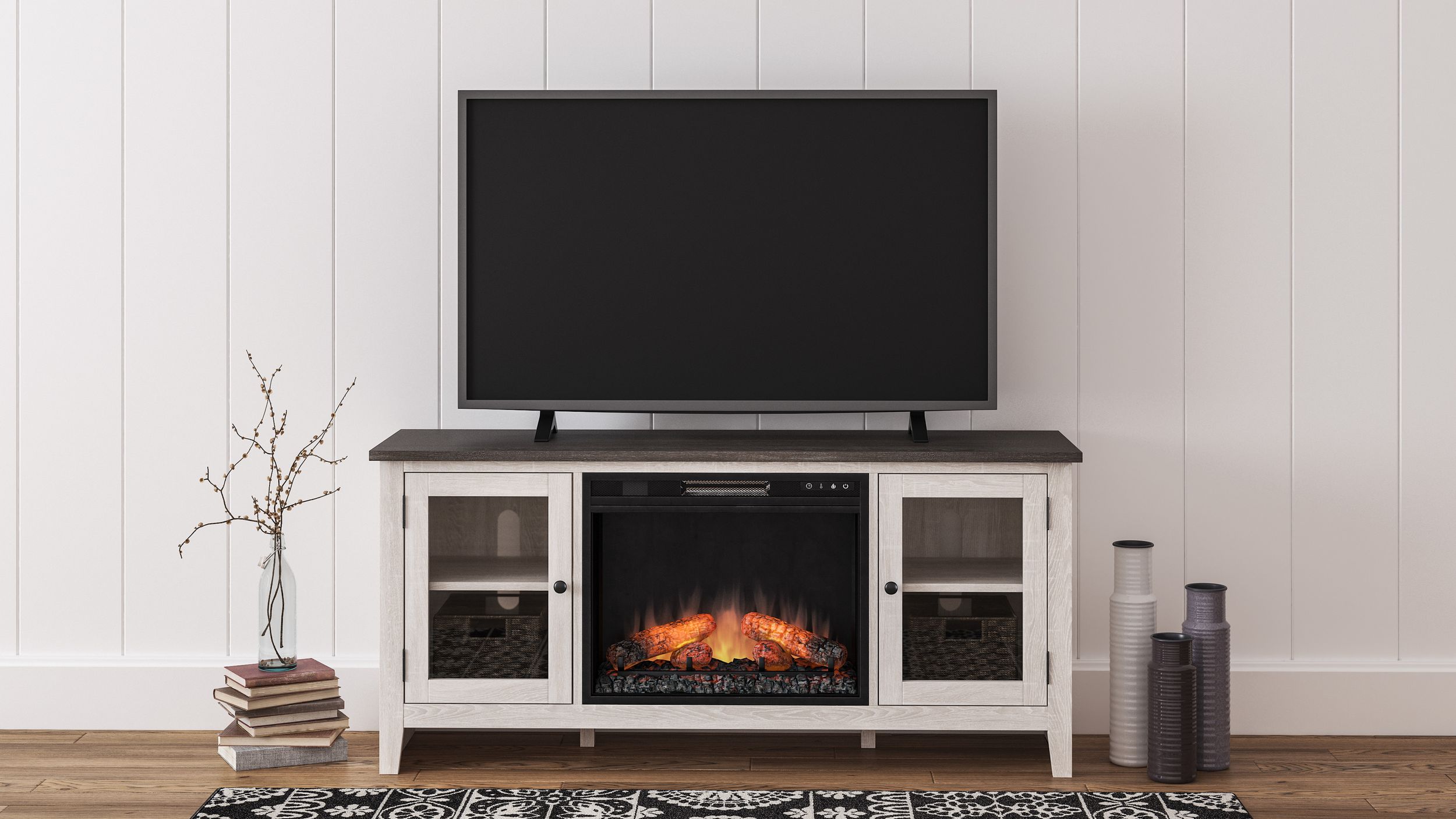 Dorrinson 60" TV Stand with Fireplace - Two-Tone White & Oak