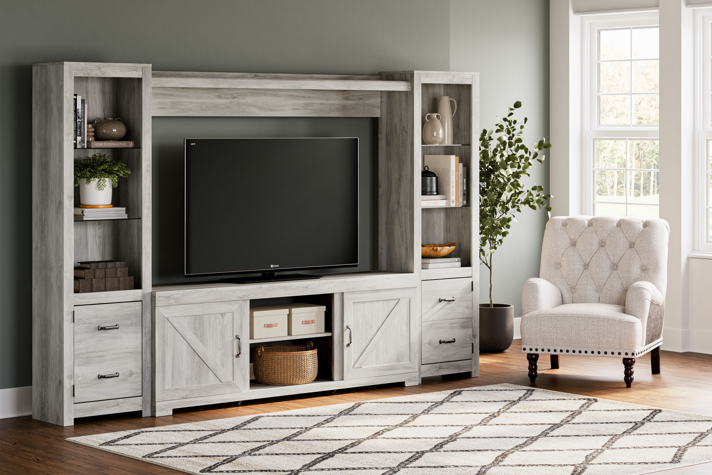 Bellaby 4-Piece Entertainment Wall with Bridge - Whitewash