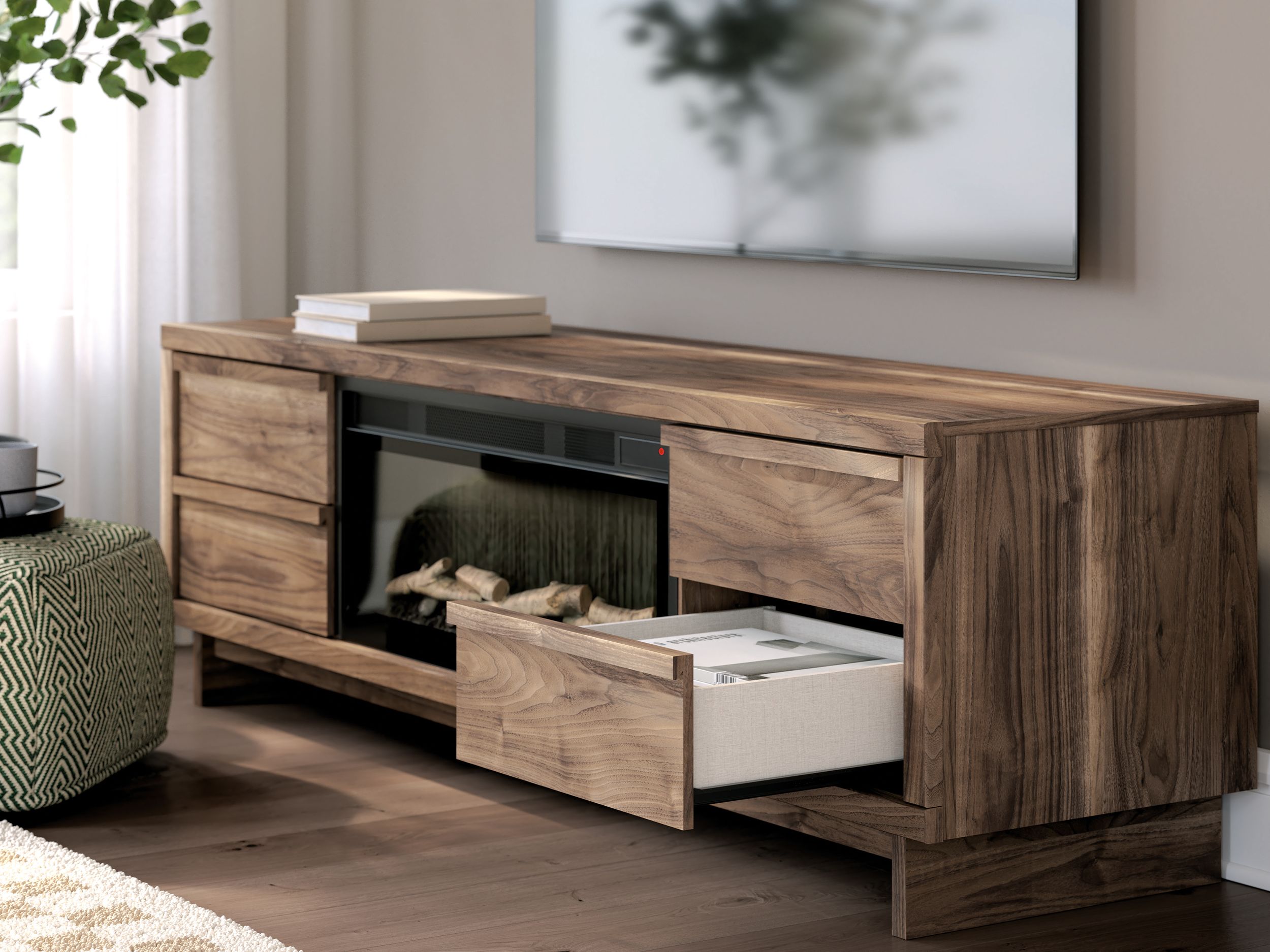 Zadilyn 72" Mid-Century Modern Fireplace TV Stand - Walnut Brown