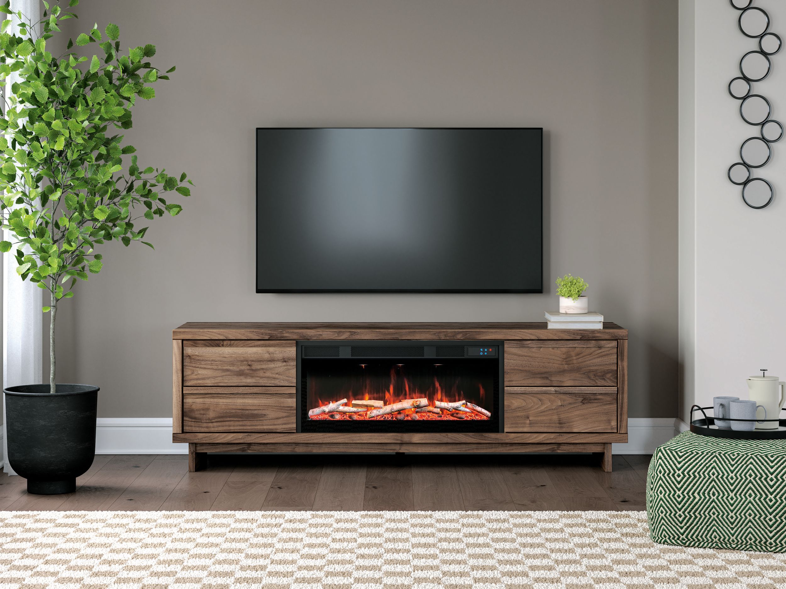 Zadilyn 72" Mid-Century Modern Fireplace TV Stand - Walnut Brown