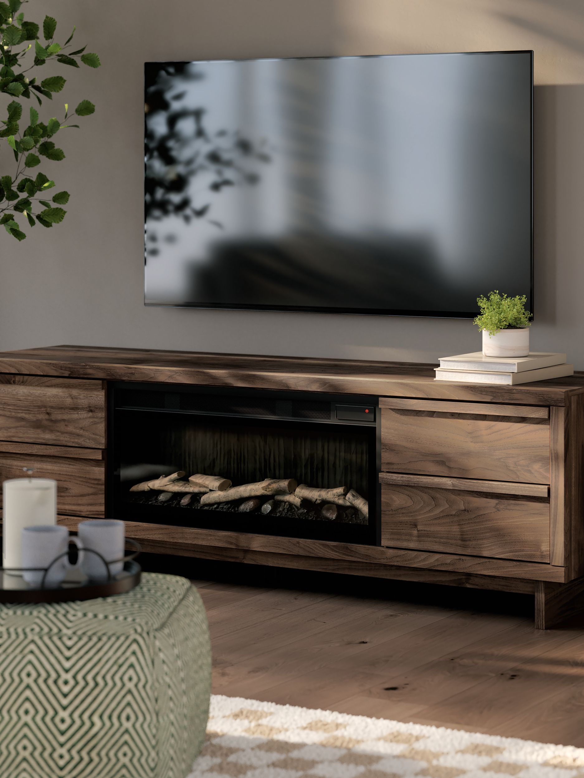 Zadilyn 72" Mid-Century Modern Fireplace TV Stand - Walnut Brown