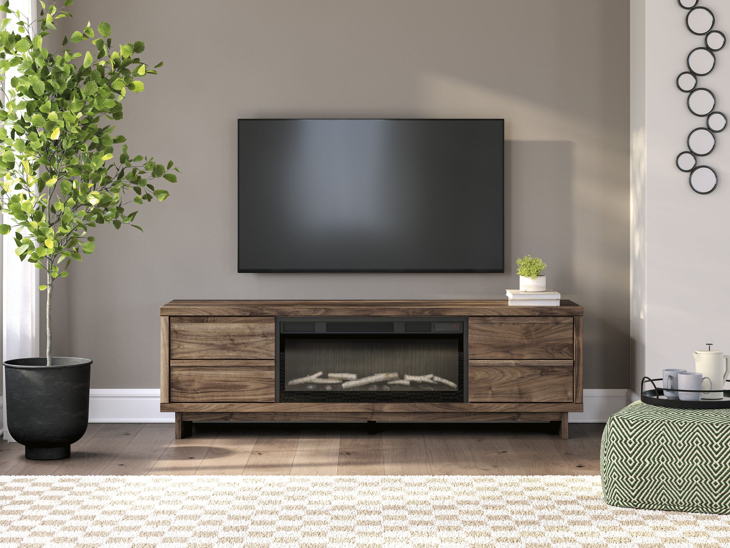 Zadilyn 72" Mid-Century Modern Fireplace TV Stand - Walnut Brown