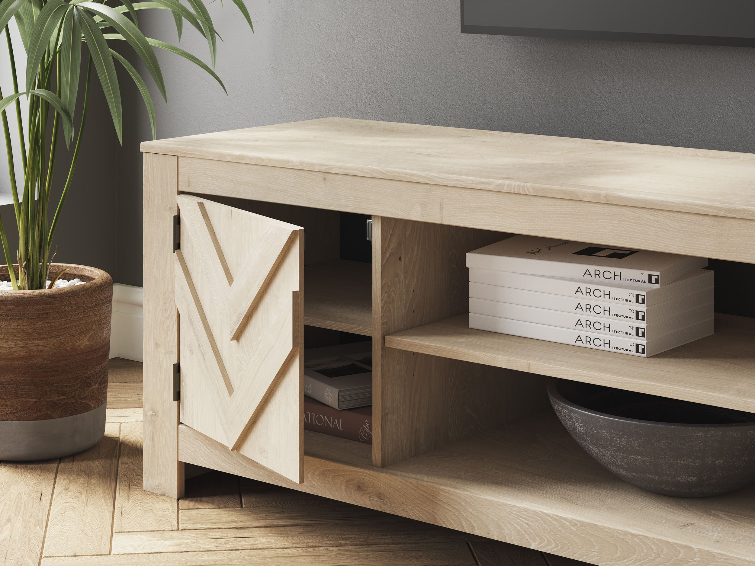 Cayboni 63" Modern Wood TV Stand - Tan & Gray Two-Tone