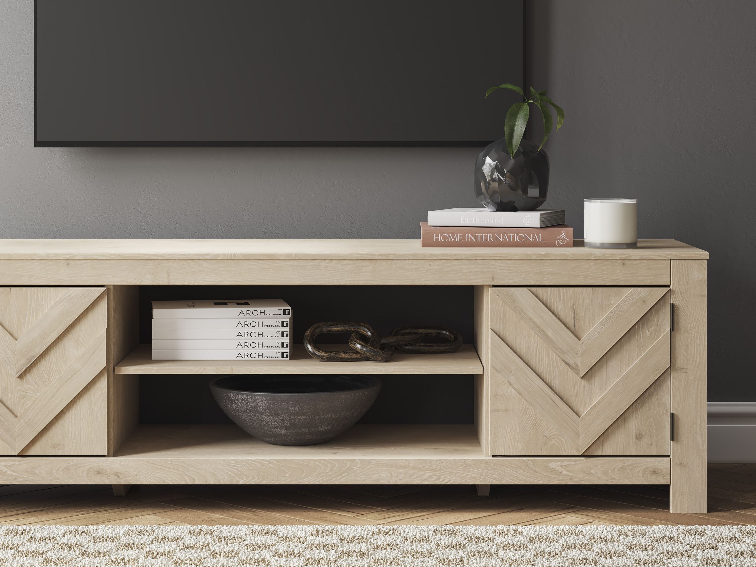 Cayboni 63" Modern Wood TV Stand - Tan & Gray Two-Tone