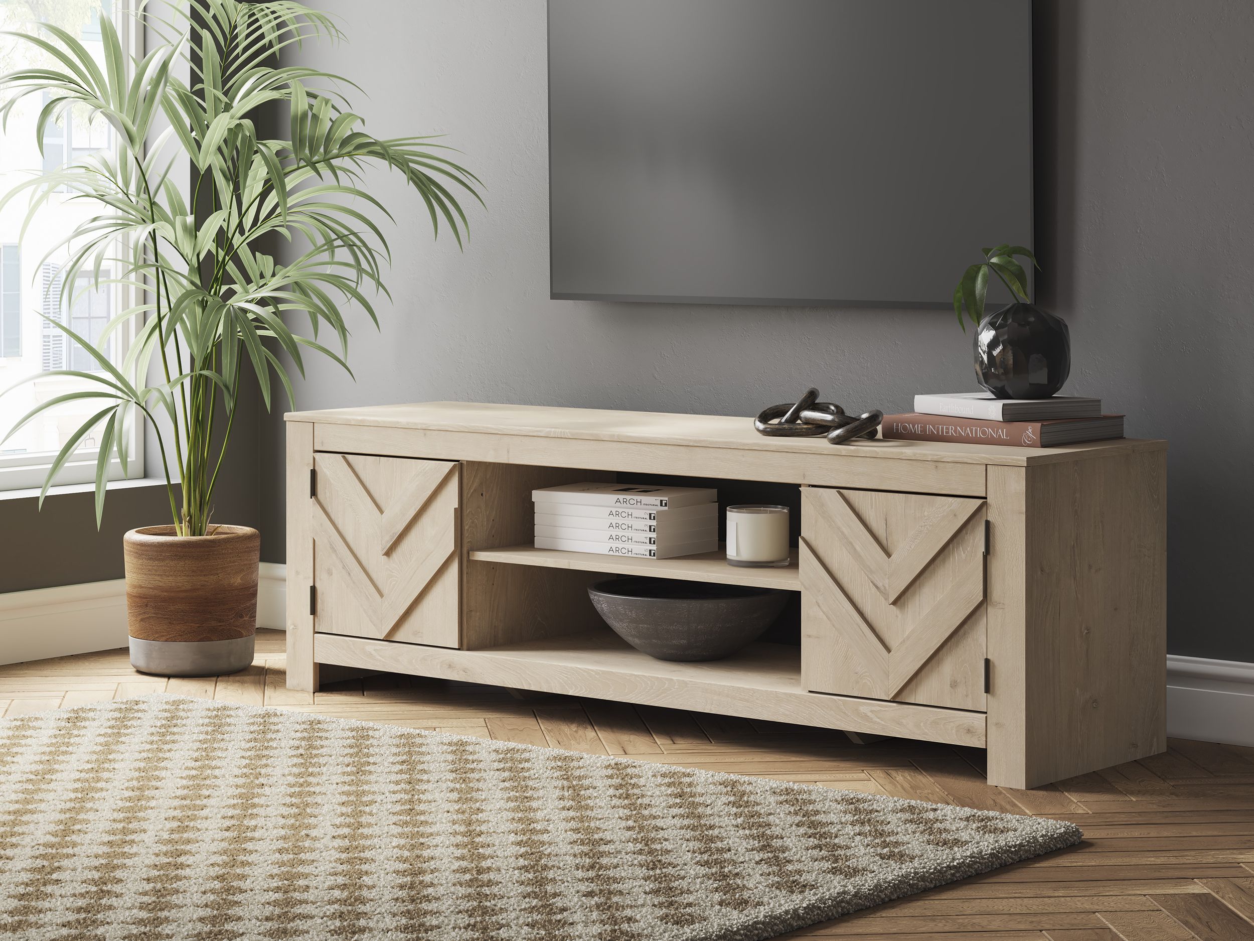 Cayboni 63" Modern Wood TV Stand - Tan & Gray Two-Tone