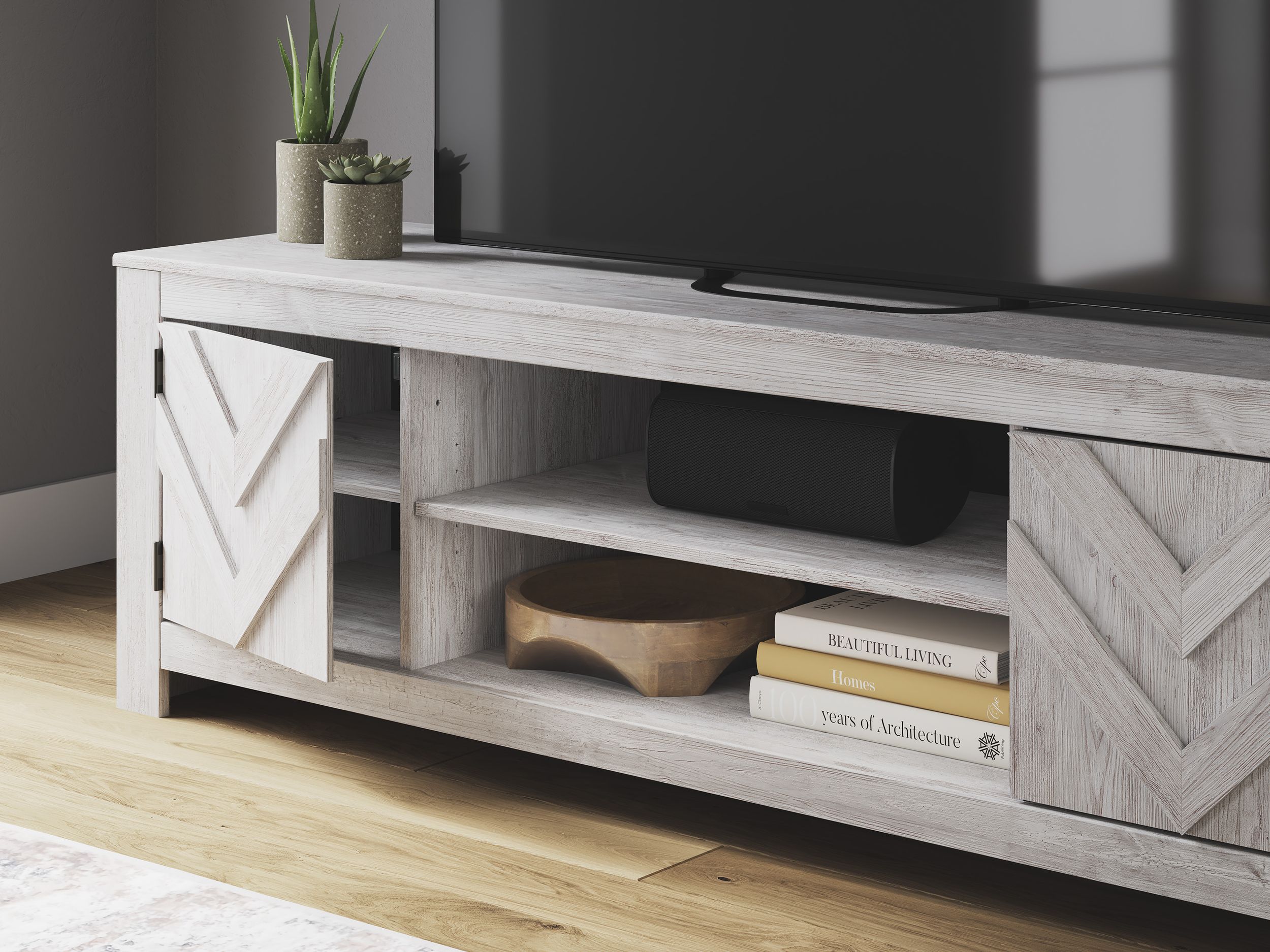 Cayboni 63" Modern Farmhouse TV Stand - Whitewash & Gray