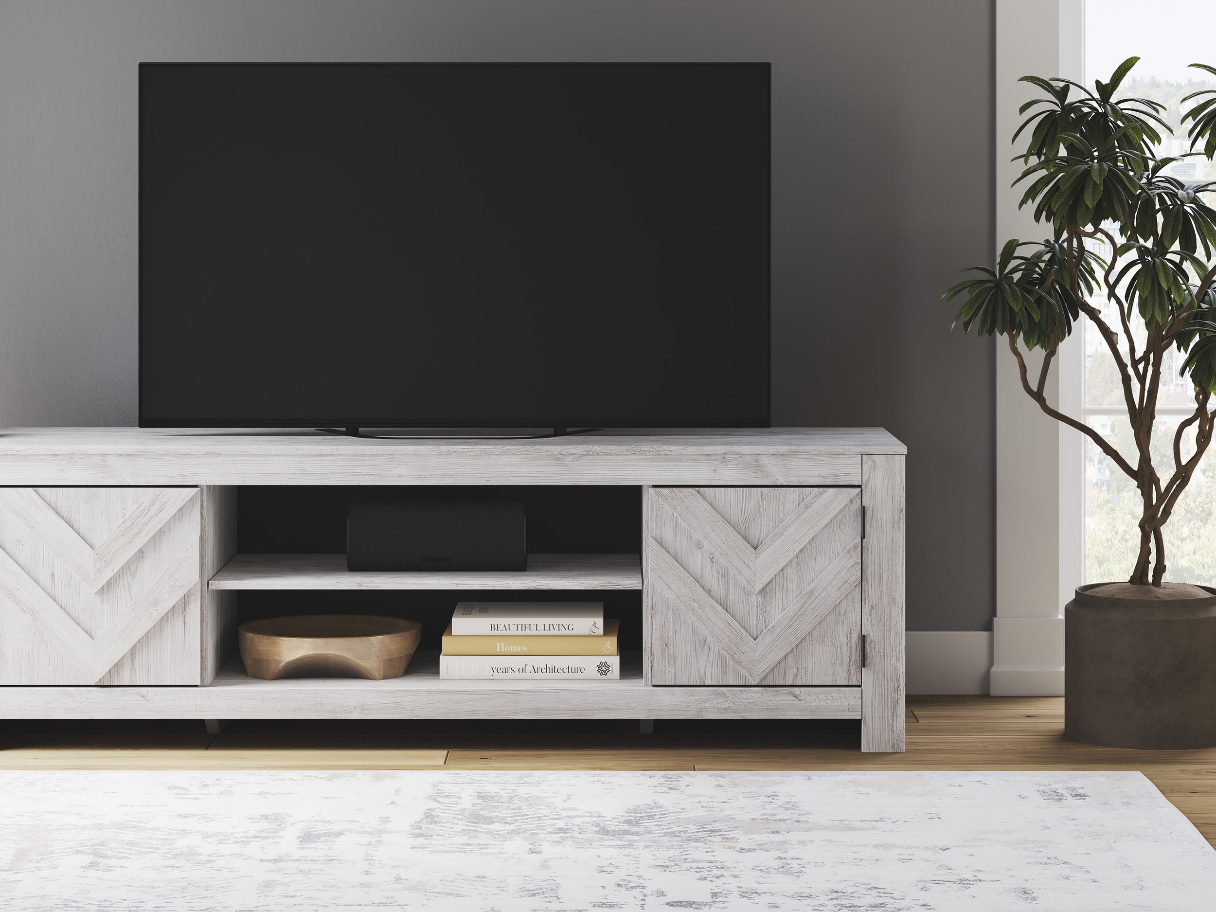 Cayboni 63" Modern Farmhouse TV Stand - Whitewash & Gray