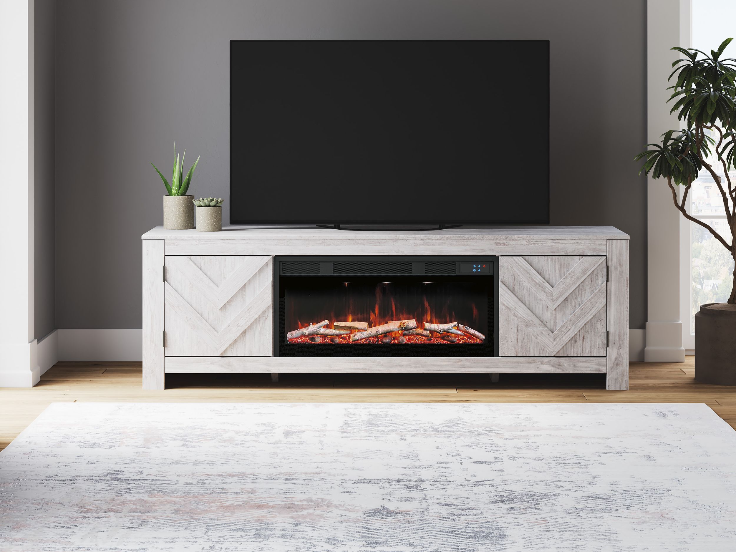 Cayboni 71" TV Stand with Electric Fireplace - Whitewash