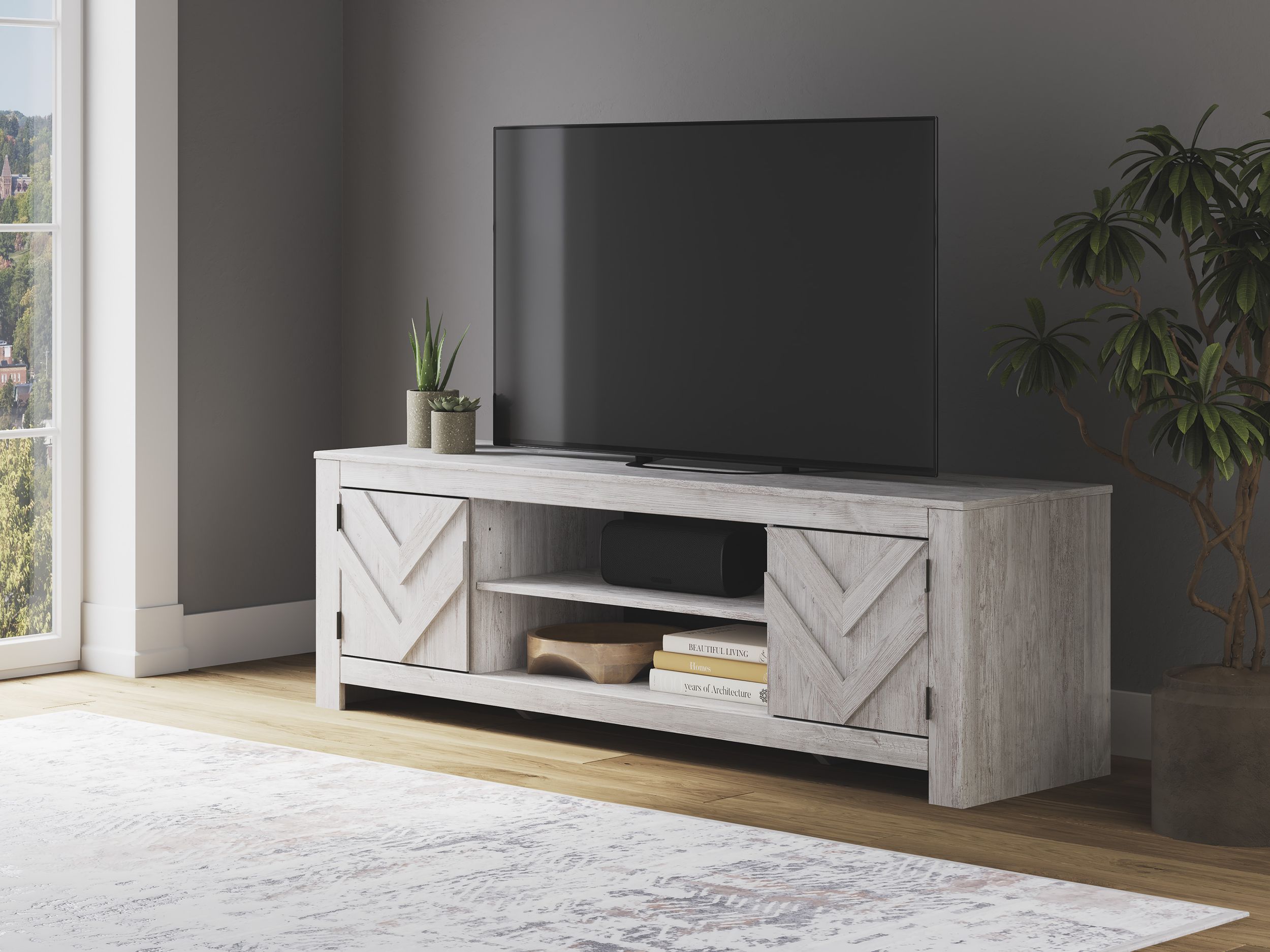 Cayboni 63" Modern Farmhouse TV Stand - Whitewash & Gray