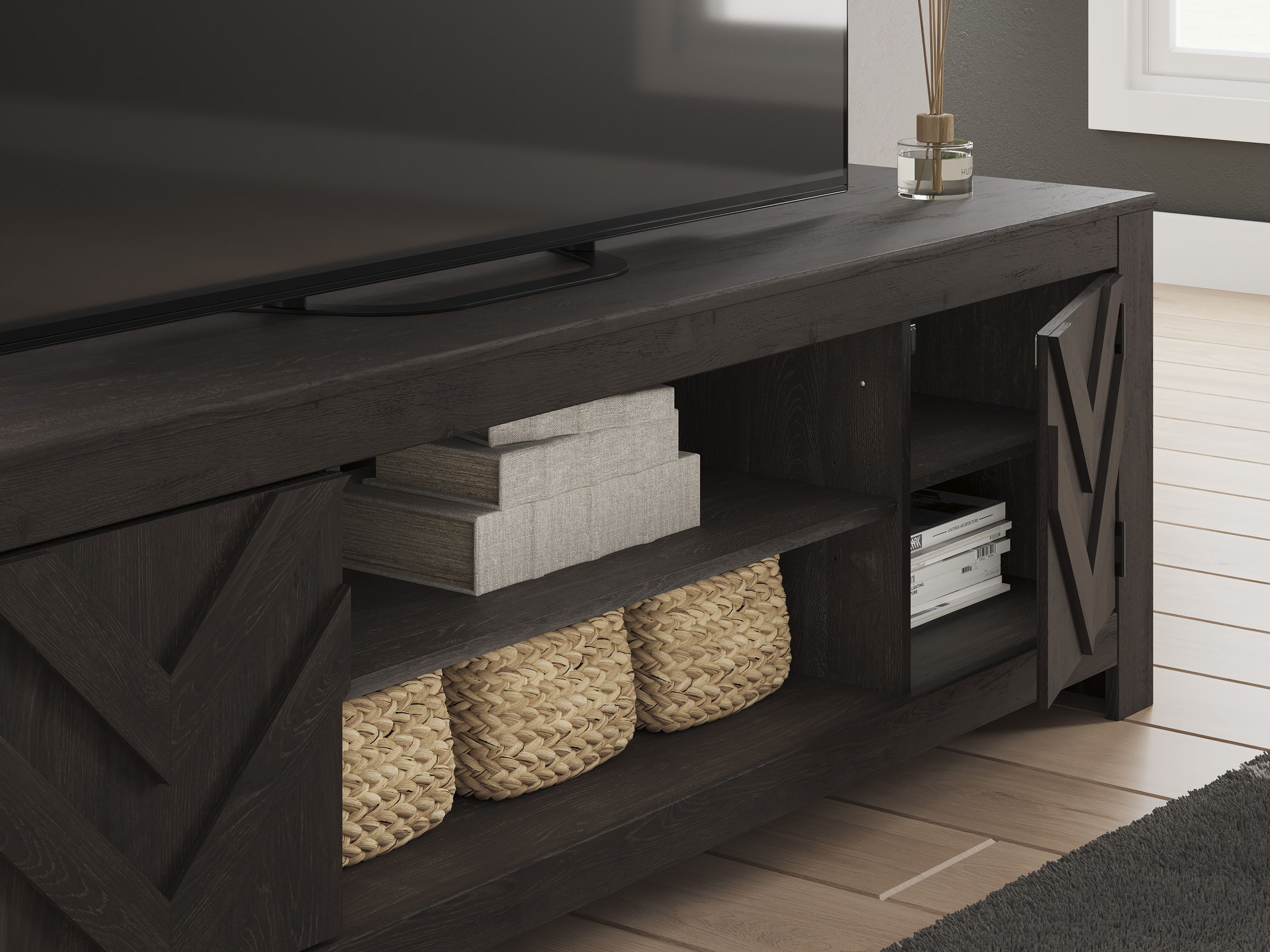 Cayboni 63" Modern Black Industrial TV Stand - Charcoal & Ebony