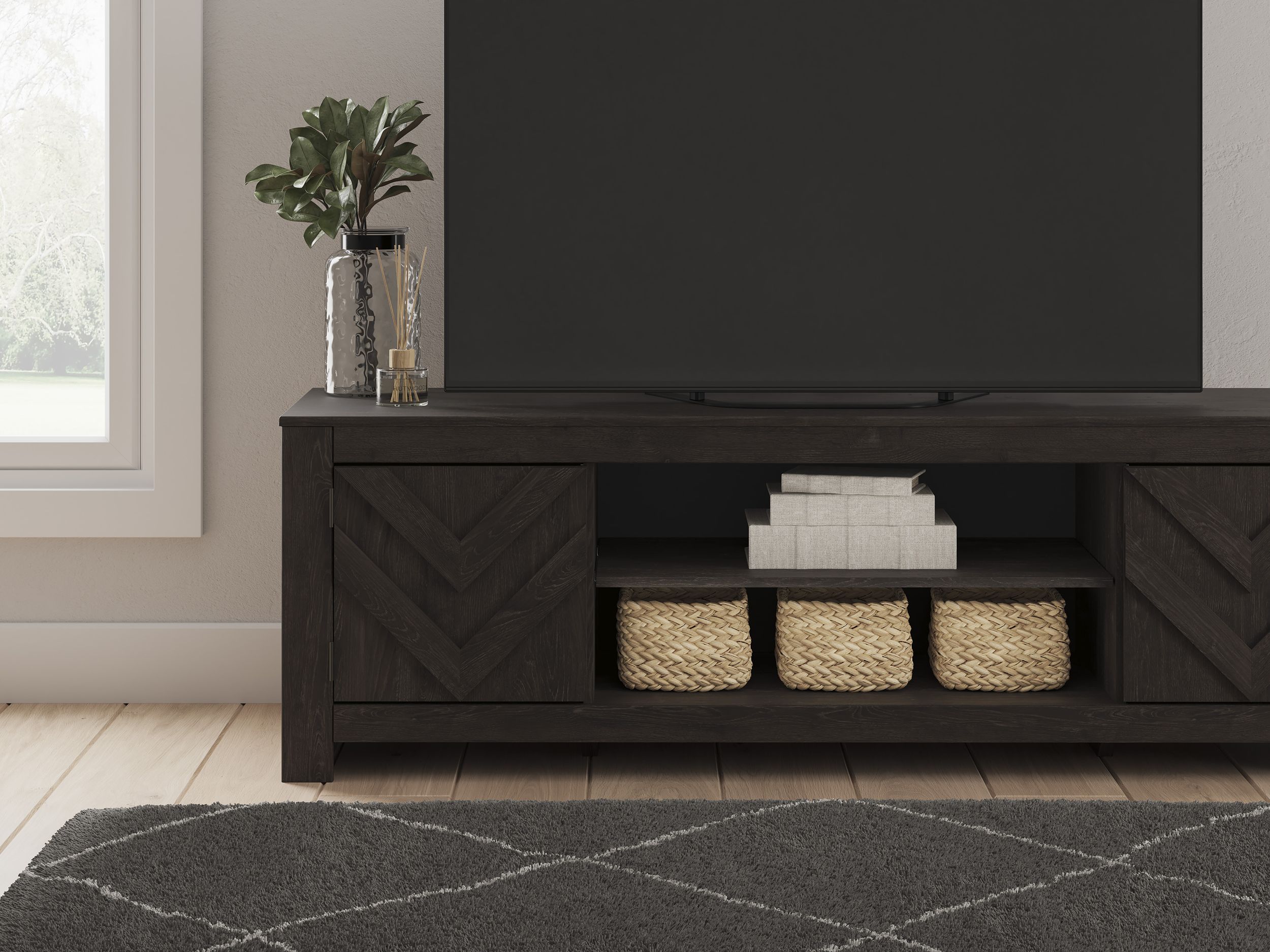 Cayboni 63" Modern Black Industrial TV Stand - Charcoal & Ebony