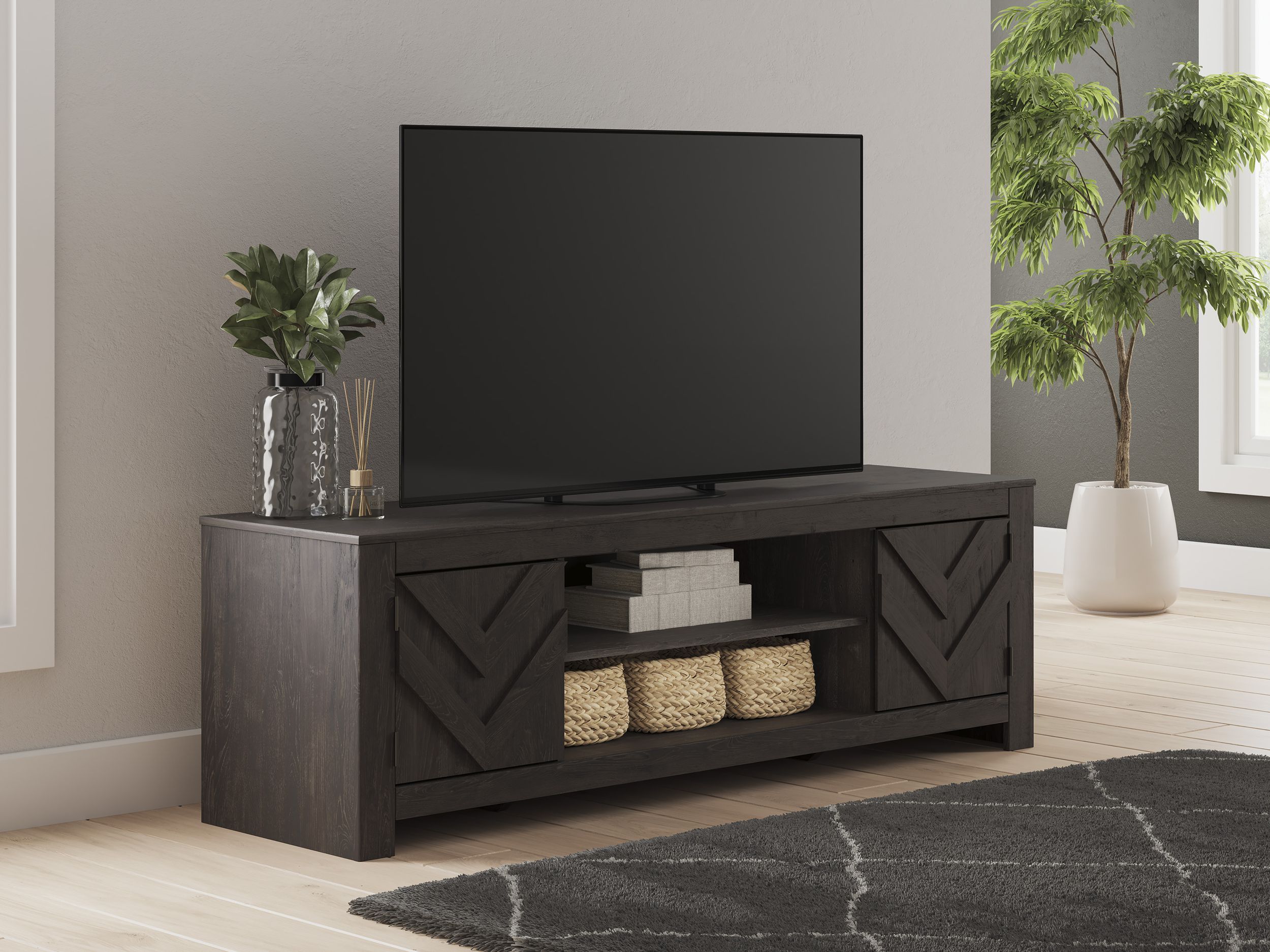 Cayboni 63" Modern Black Industrial TV Stand - Charcoal & Ebony