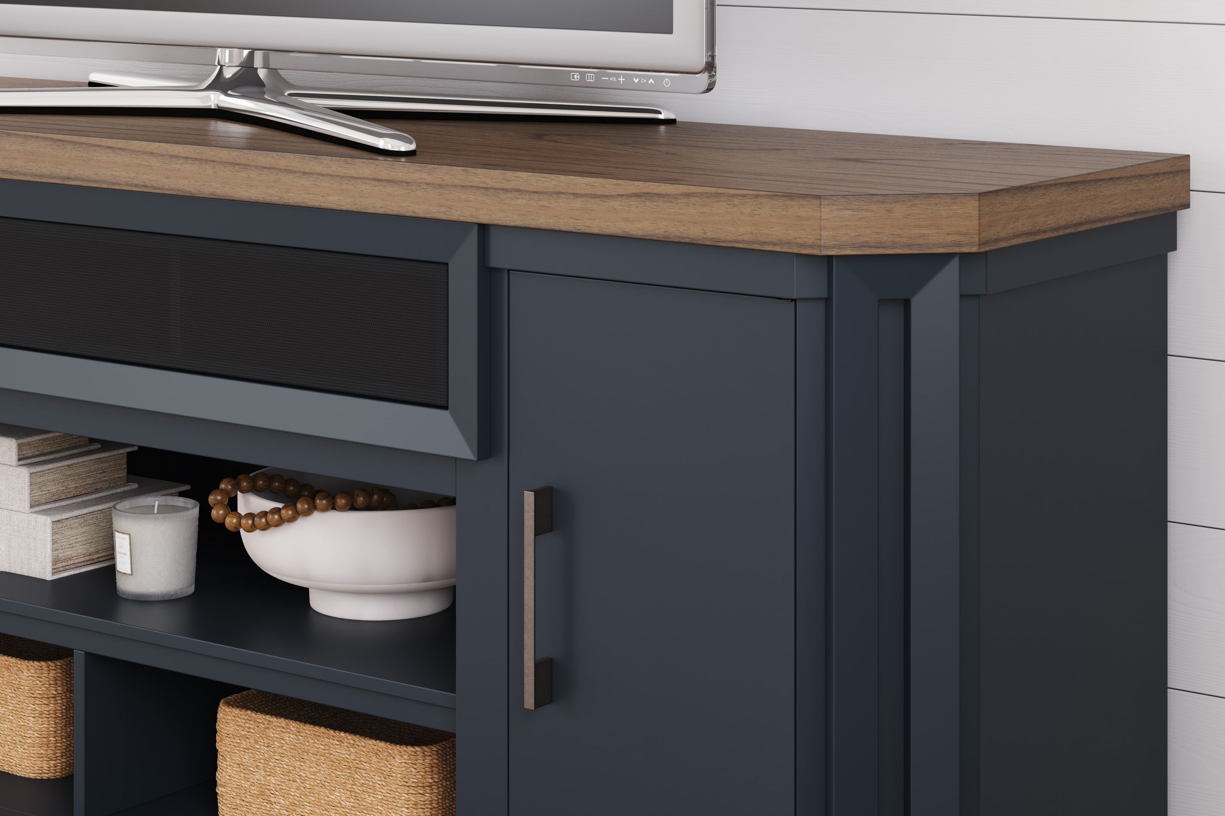 Landocken 74" XL Industrial TV Stand - Rustic Brown & Navy Blue