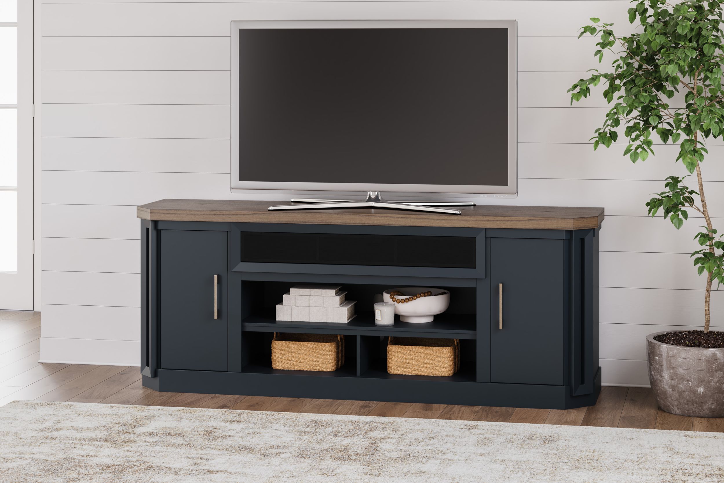 Landocken 74" XL Industrial TV Stand - Rustic Brown & Navy Blue
