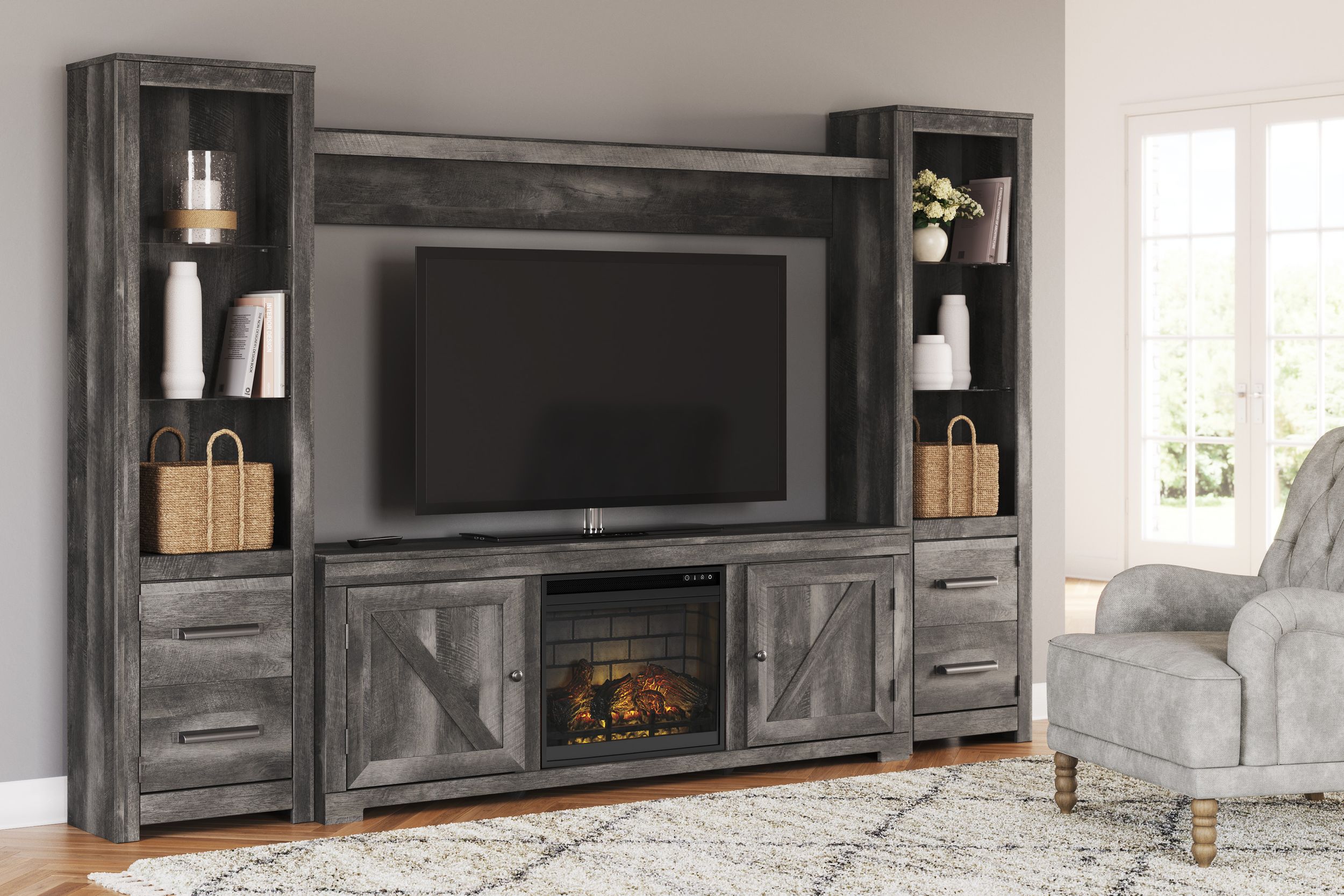 Wynnlow 4-Piece Gray Fireplace Entertainment Wall - Infrared Heat