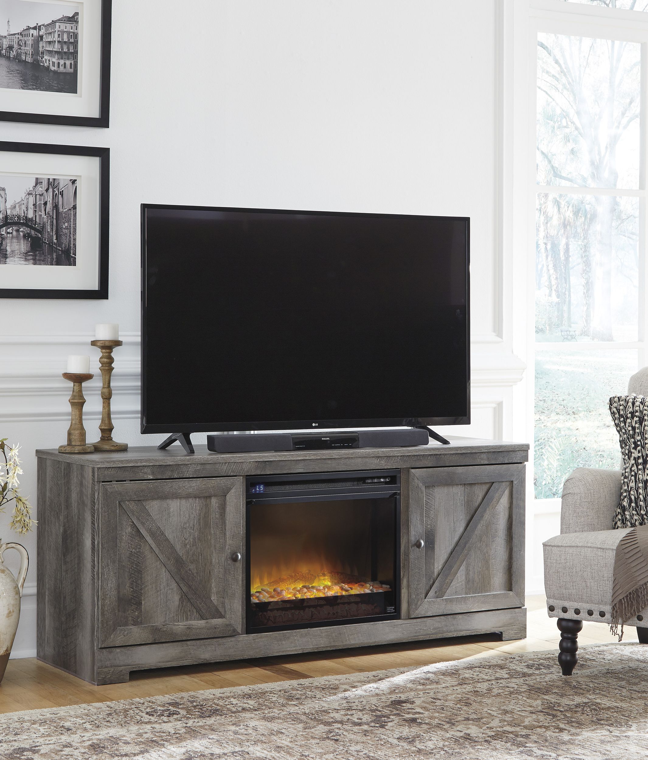 Wynnlow 63" TV Stand with Electric Fireplace - Gray