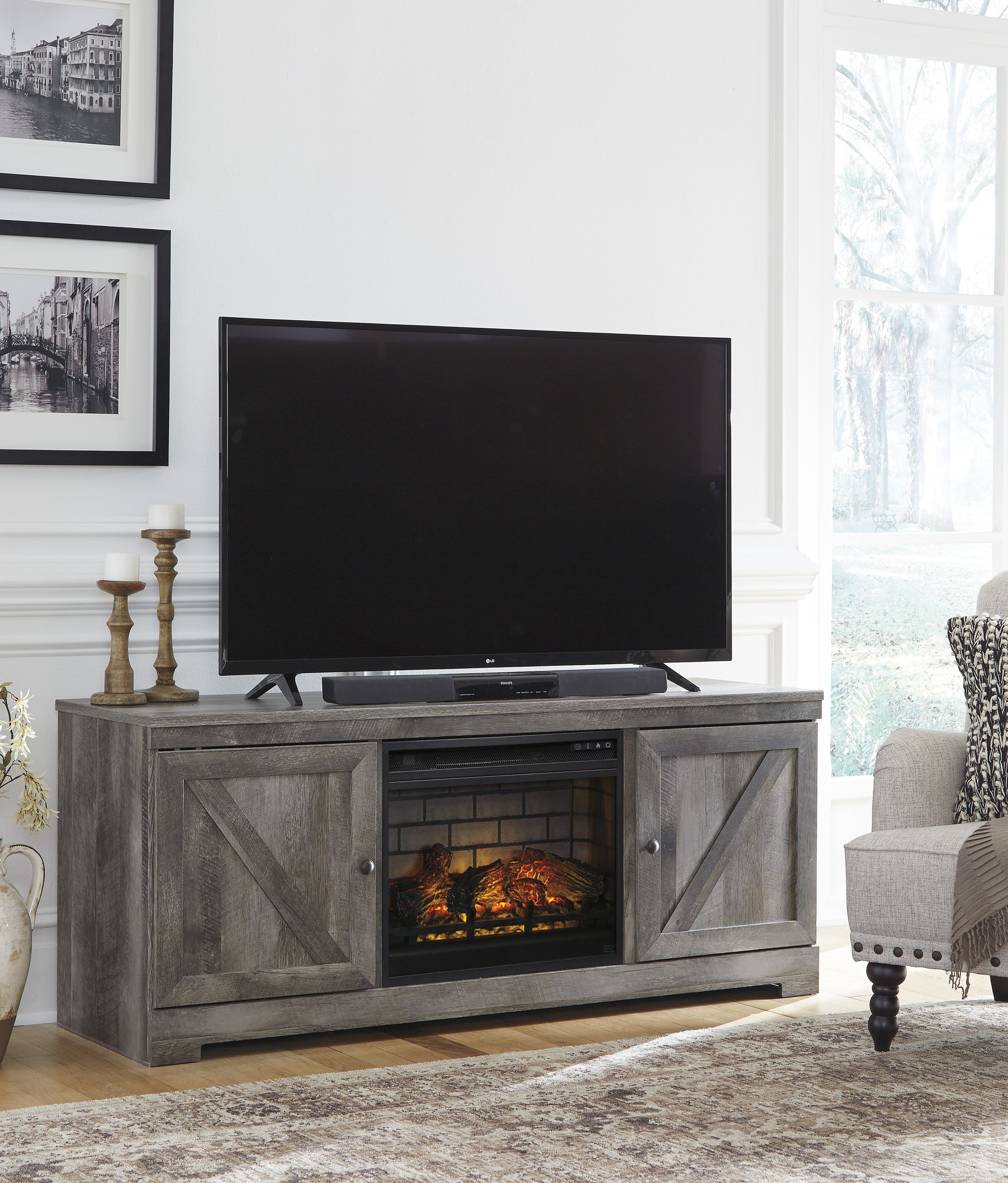Wynnlow Gray Fireplace TV Stand - Modern Farmhouse Media Console
