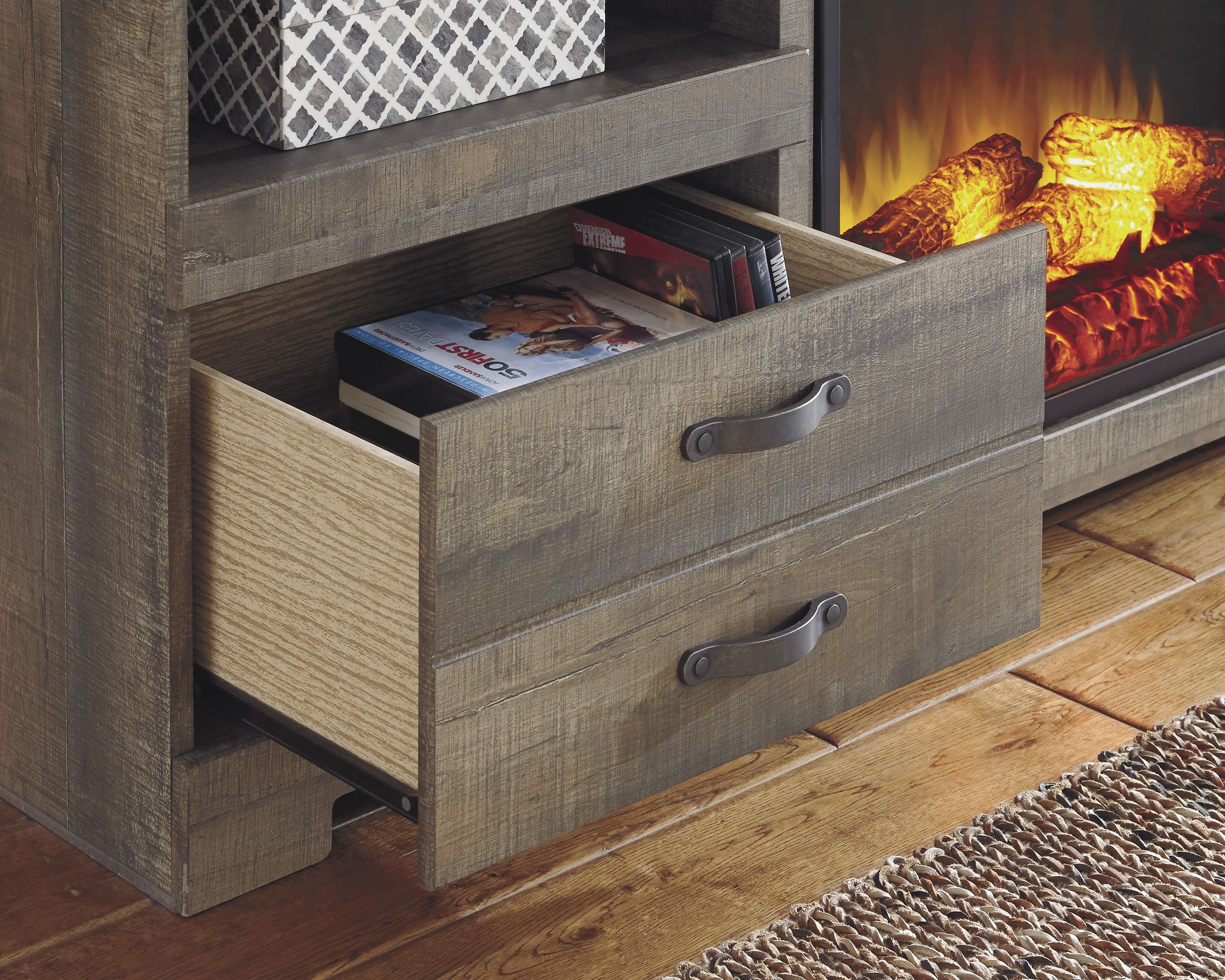 Trinell 63" Rustic Industrial Fireplace TV Stand - Brown Oak