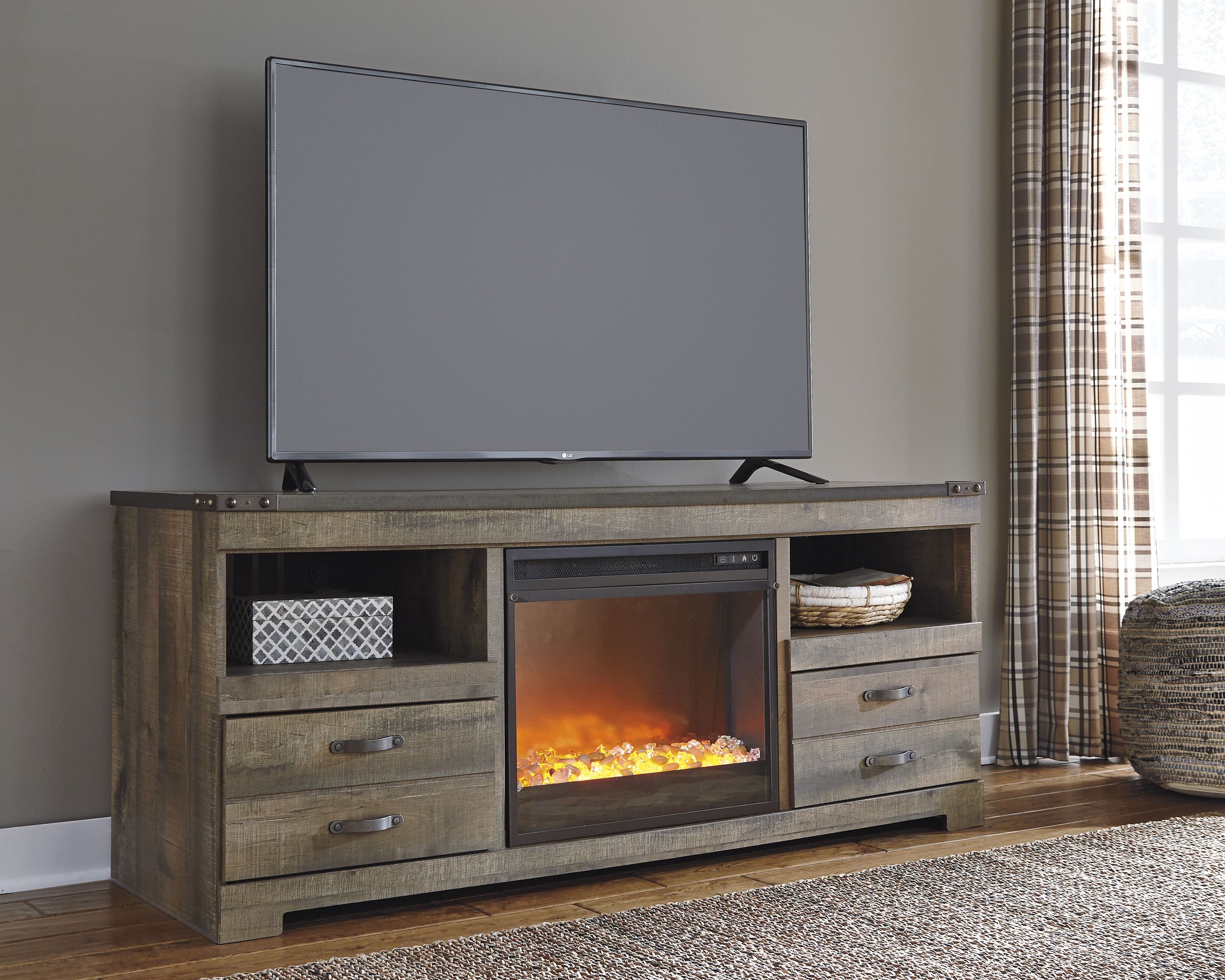 Trinell 63" TV Stand with Electric Fireplace - Weathered Brown