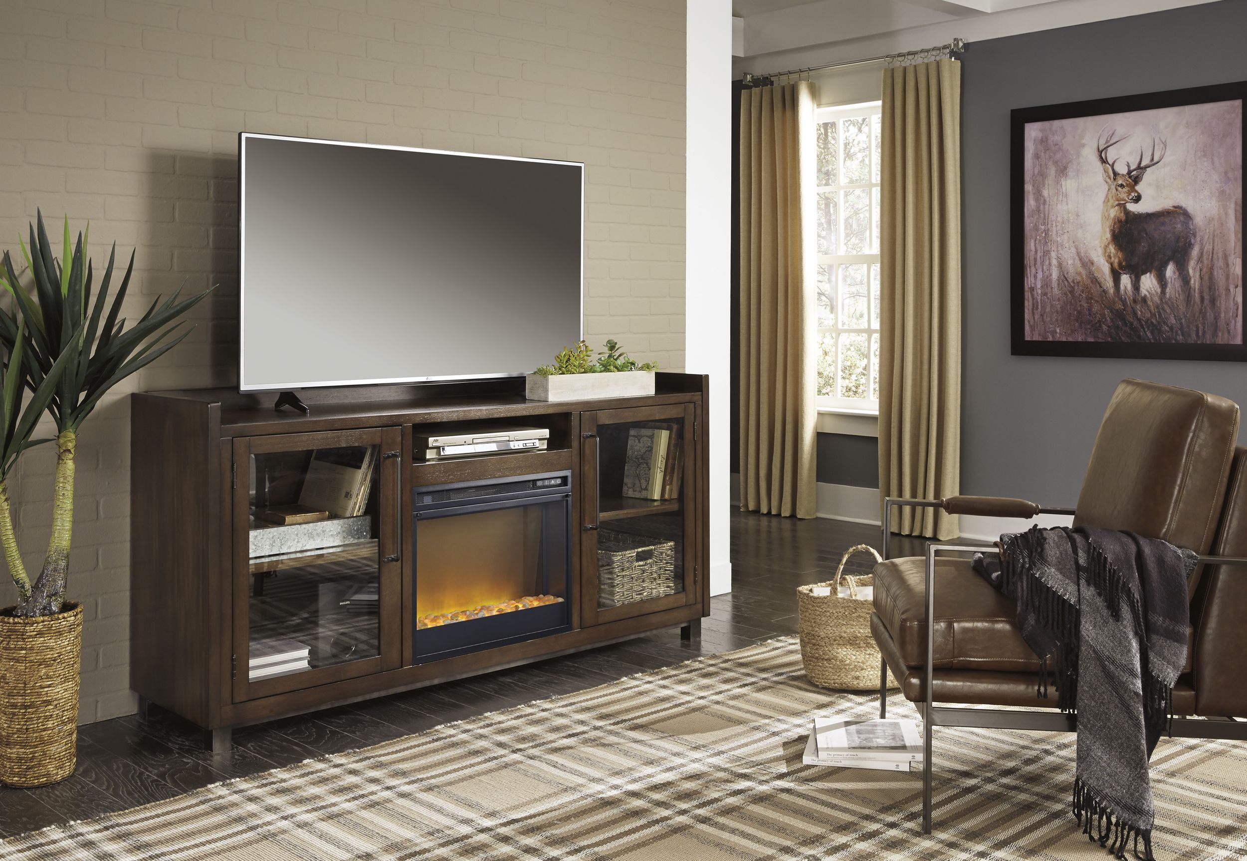 Starmore 70" TV Stand with Electric Fireplace - Brown & Gunmetal - Gray & Black