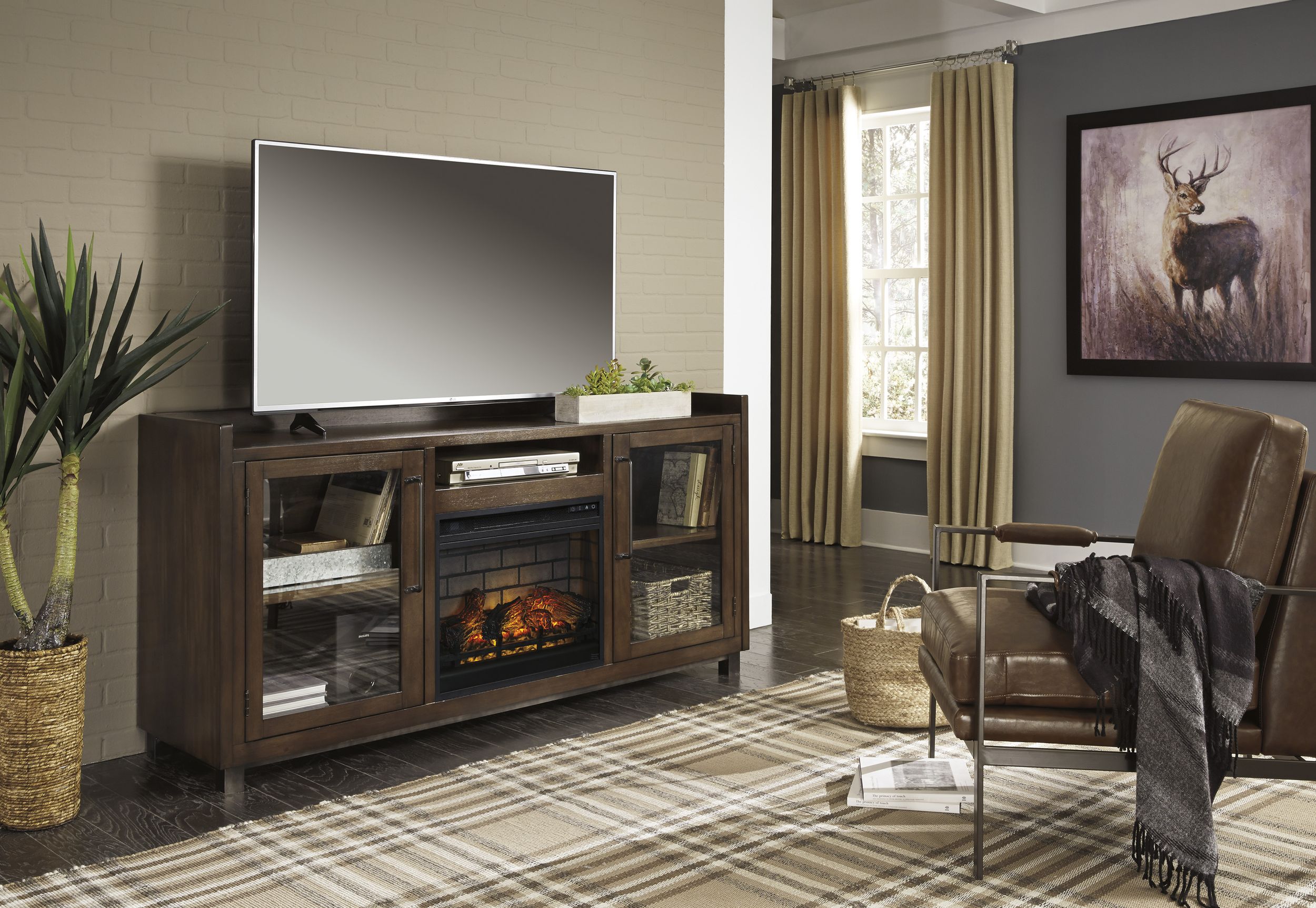 Starmore 70" TV Stand with Electric Fireplace - Brown & Gunmetal