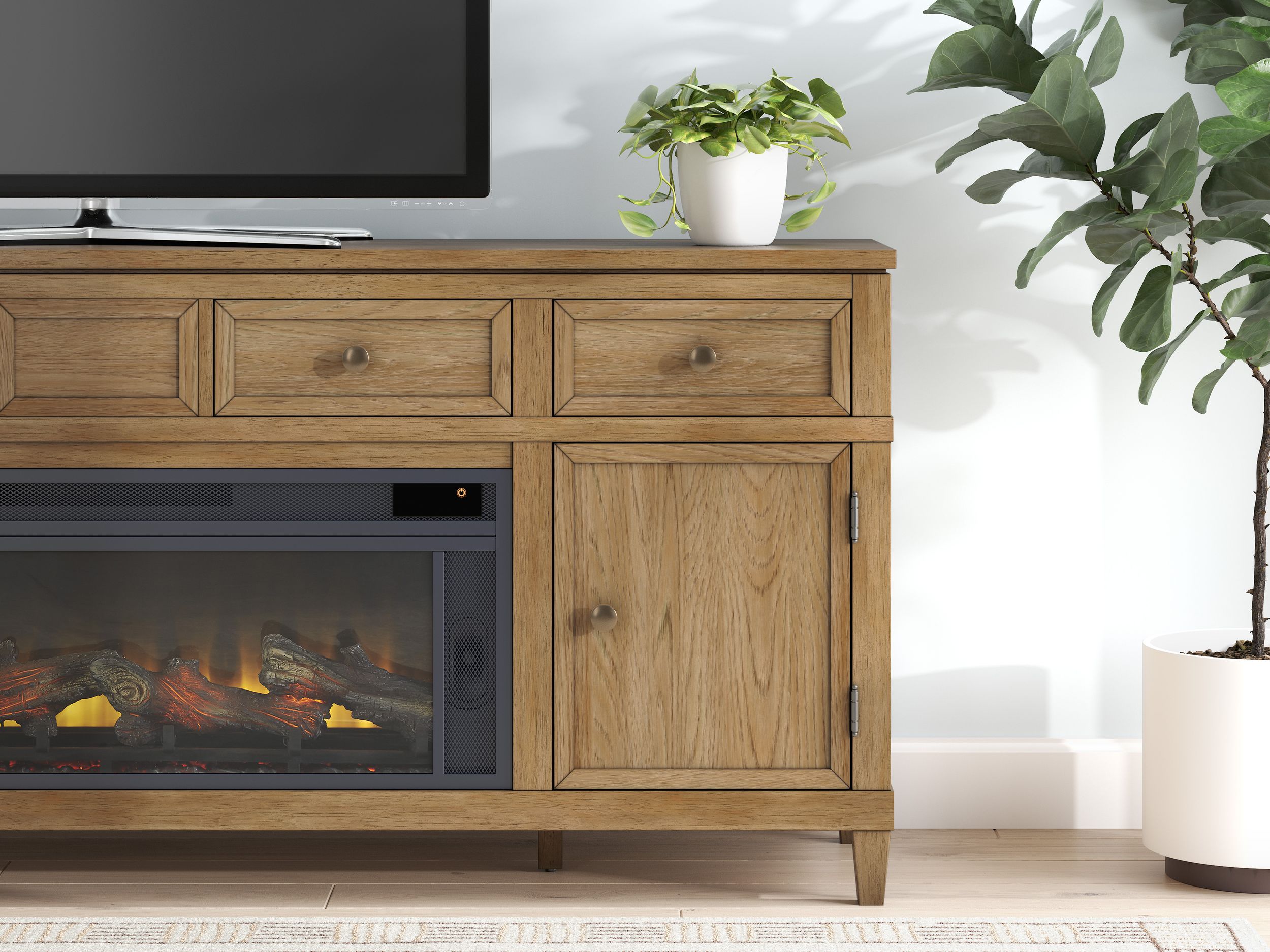 Sharlance 81" TV Stand with Electric Fireplace - Light Brown