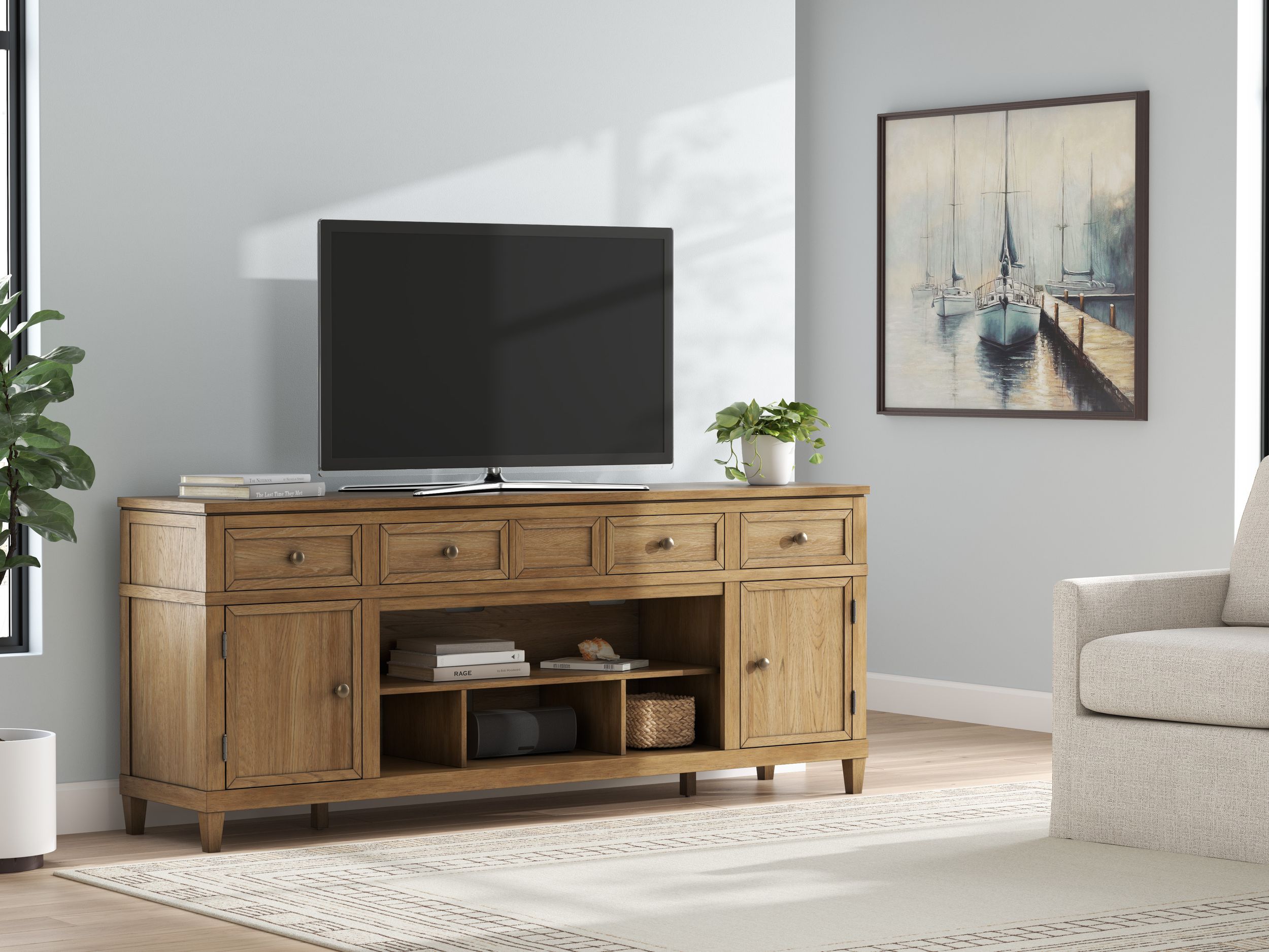 Sharlance 74" XL Modern Oak TV Stand - 4 Drawers & 2 Doors