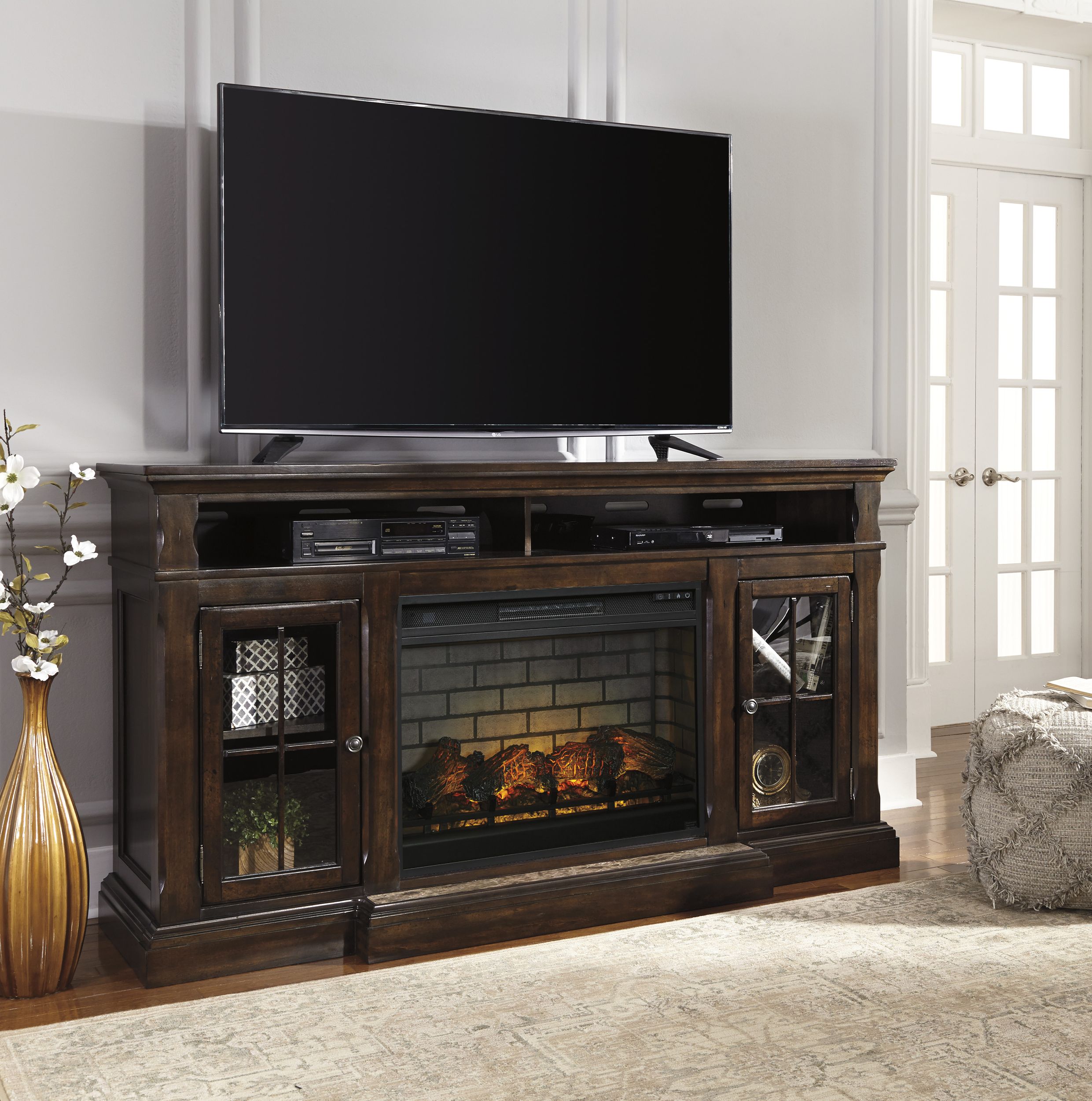 Roddinton 72" TV Stand with Electric Fireplace - Dark Brown