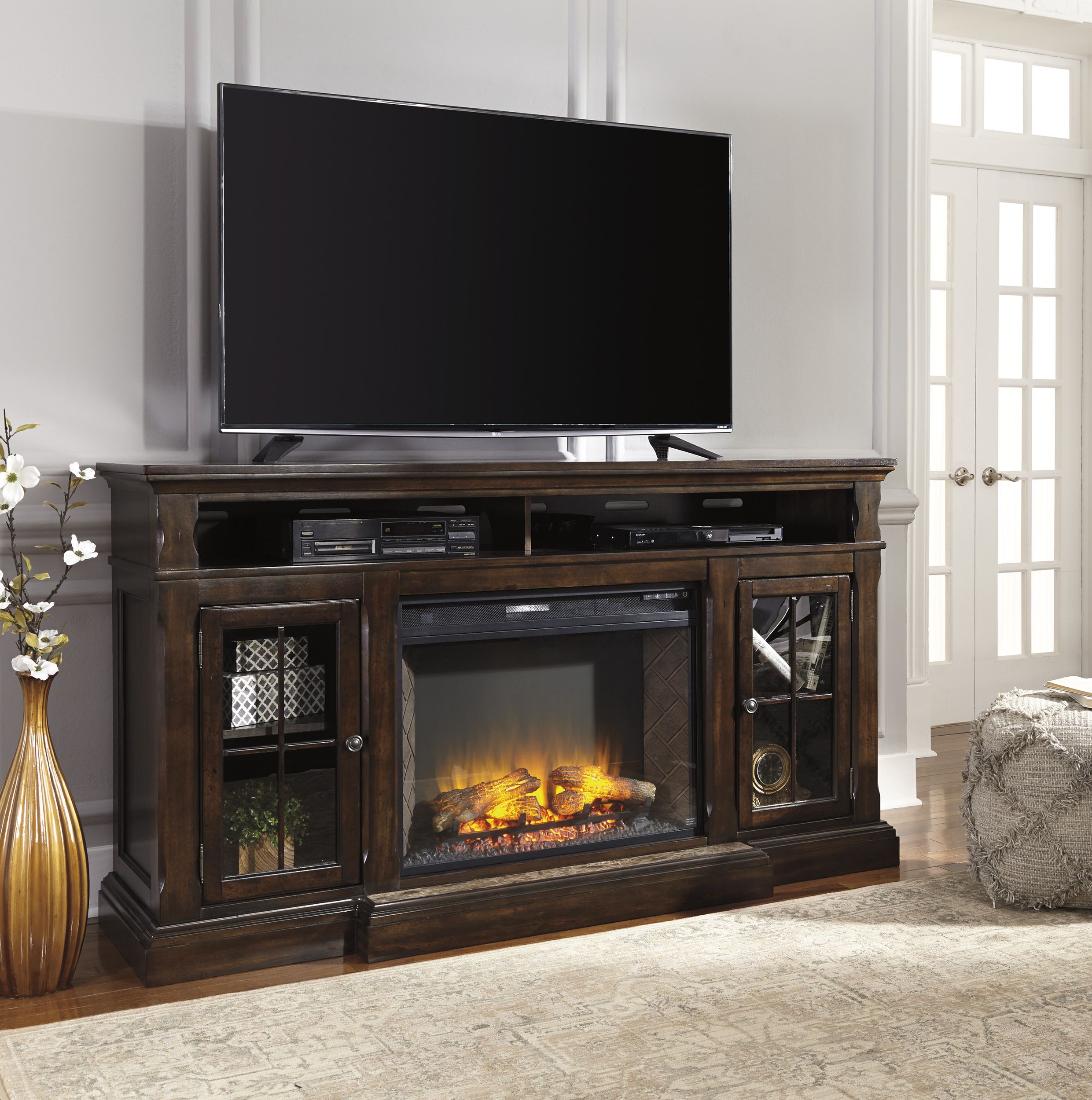 Roddinton 72" TV Stand with Electric Fireplace - Dark Brown