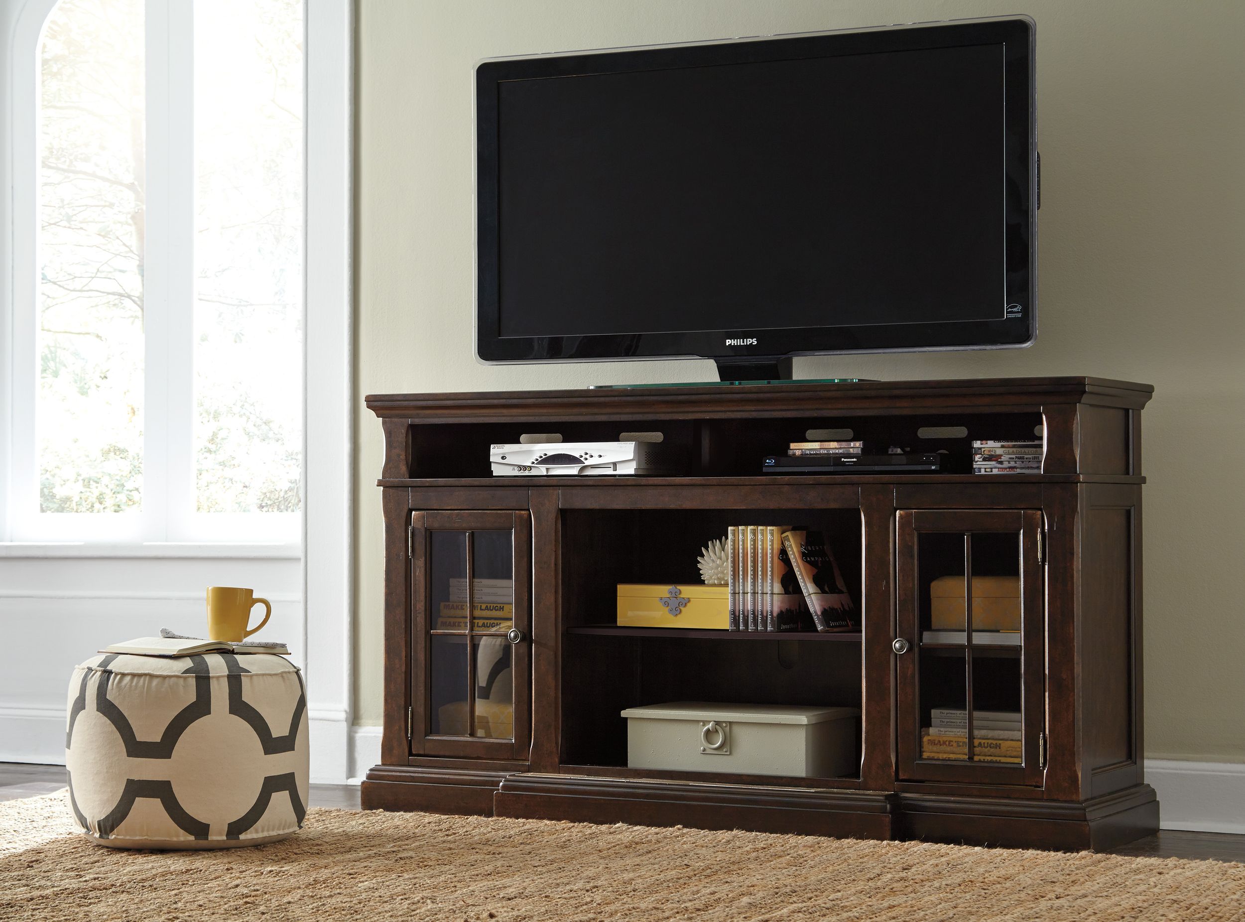 Roddinton 74" XL Contemporary TV Stand - Rich Dark Brown & Metal