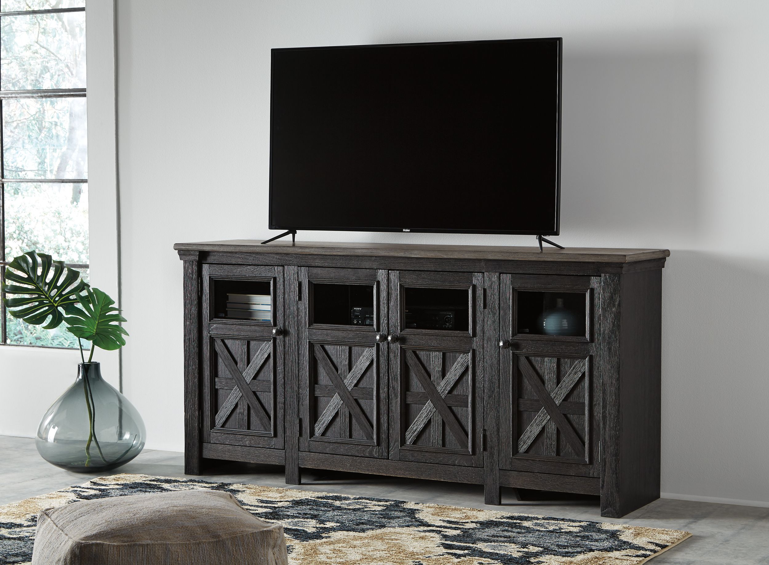 Tyler Creek 74" XL Modern Farmhouse TV Stand - Black & Gray