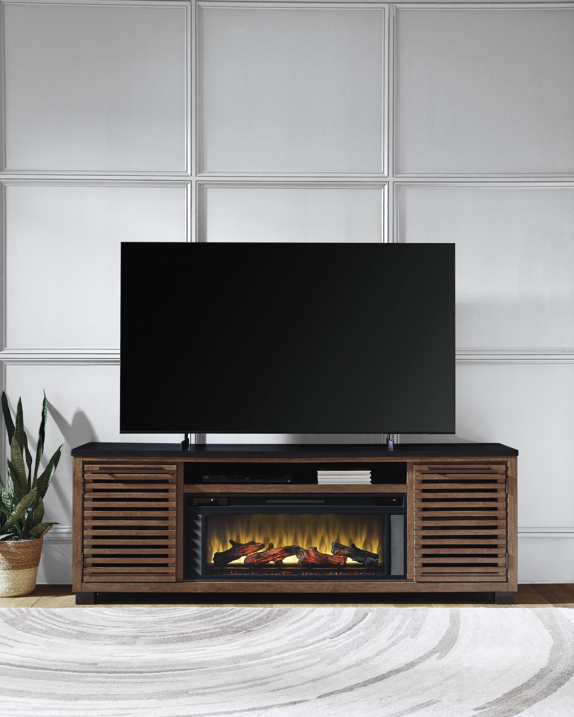 Kallari 84" TV Stand with Electric Fireplace - Brown & Black