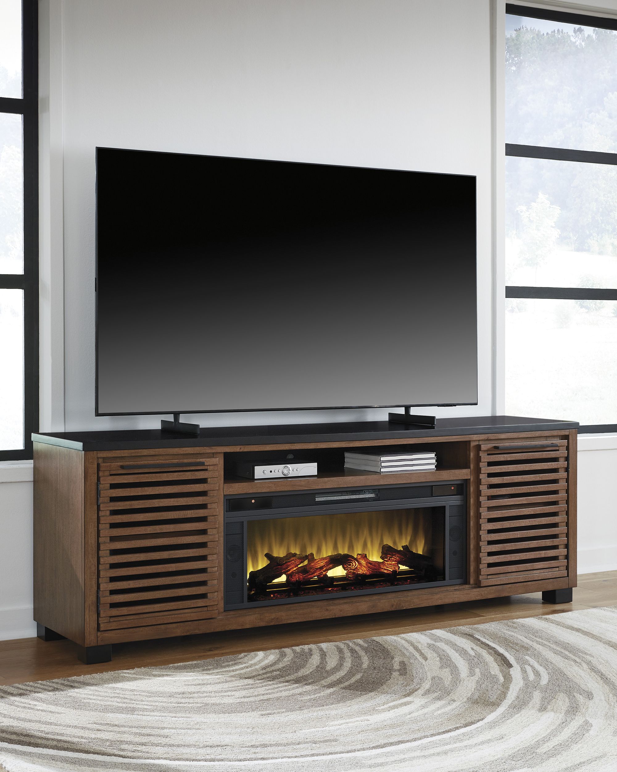 Kallari 84" TV Stand with Electric Fireplace - Brown & Black