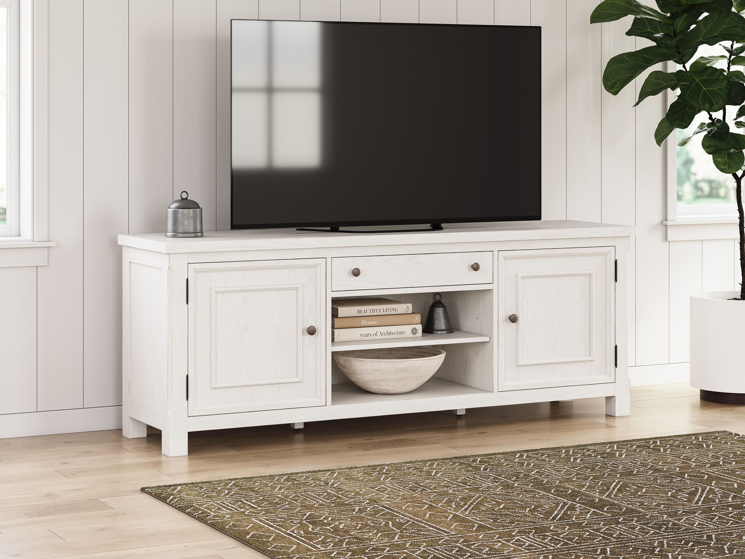 Robbinsdale 74" XL Traditional TV Stand - Antique White & Oak