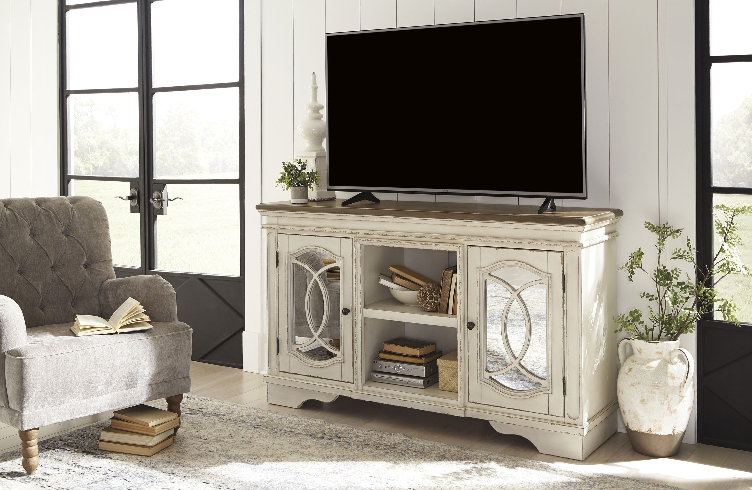 Realyn 74" XL French Country TV Stand - Distressed Chipped White