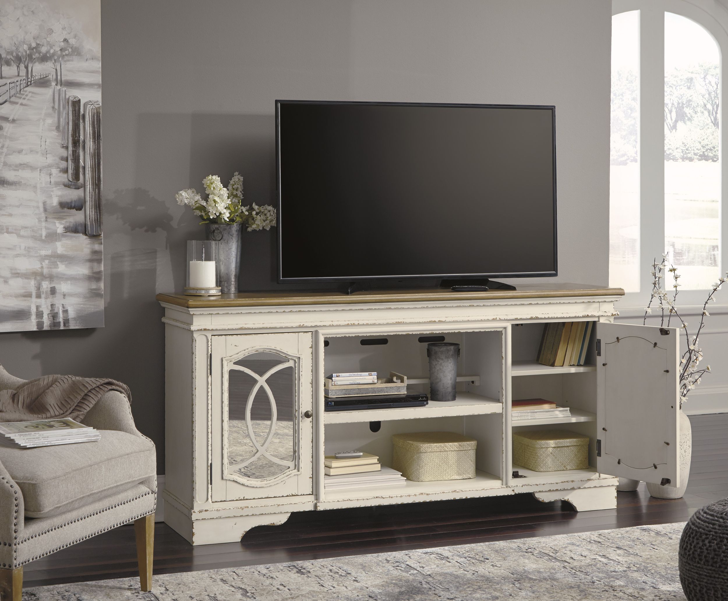 Realyn 74" XL French Country TV Stand - Distressed Chipped White