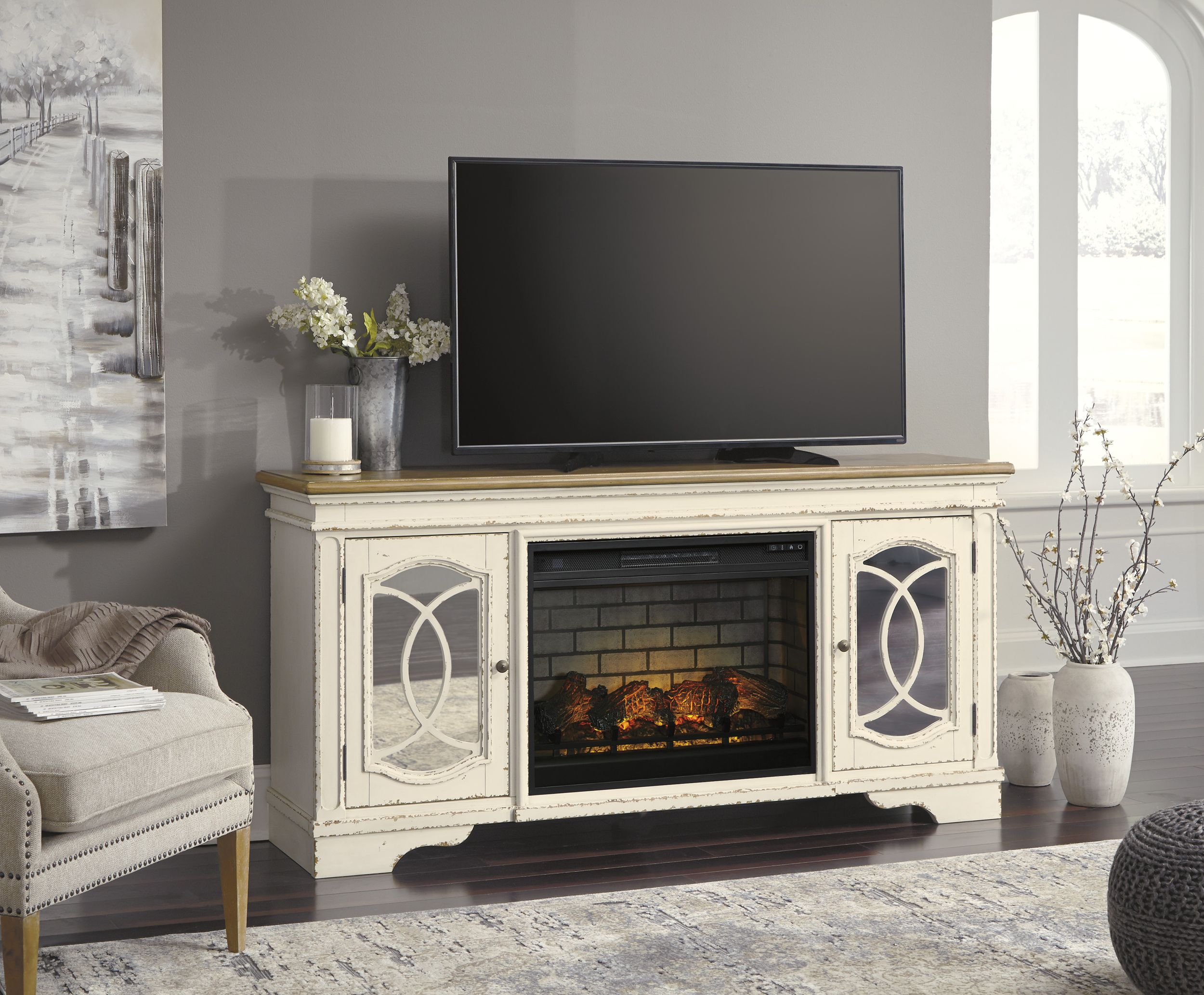 Realyn 74" TV Stand with Electric Fireplace - Chipped White