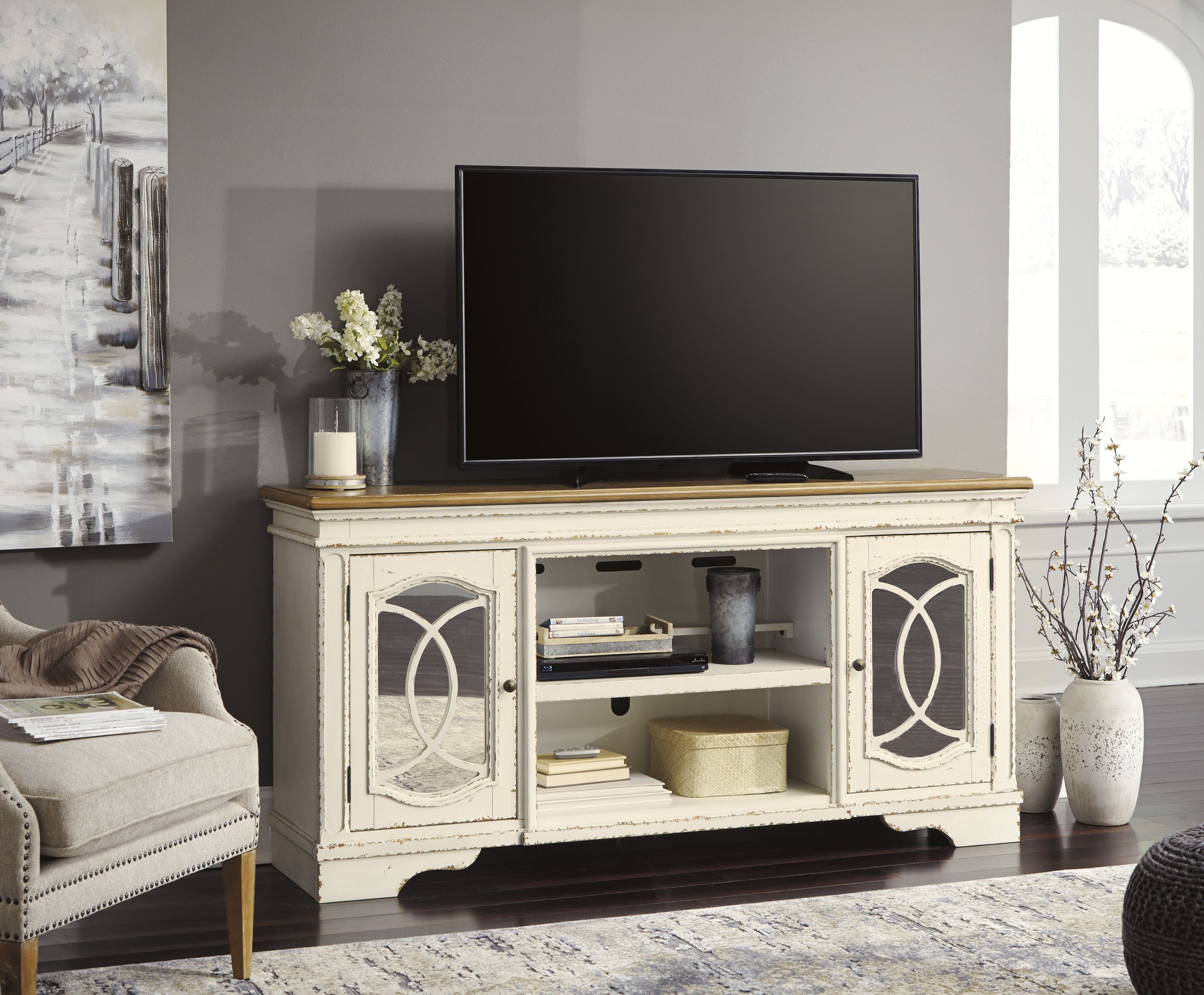 Realyn 74" XL French Country TV Stand - Distressed Chipped White