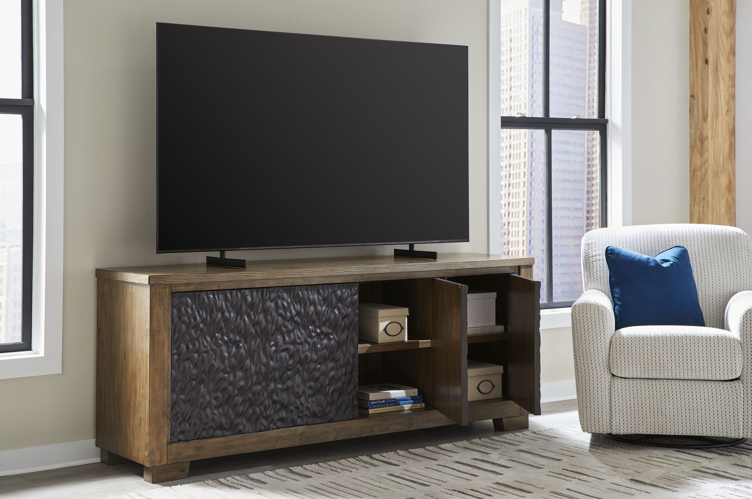 Rosswain 74" XL Modern Wood TV Stand - Warm Brown Oak Grain