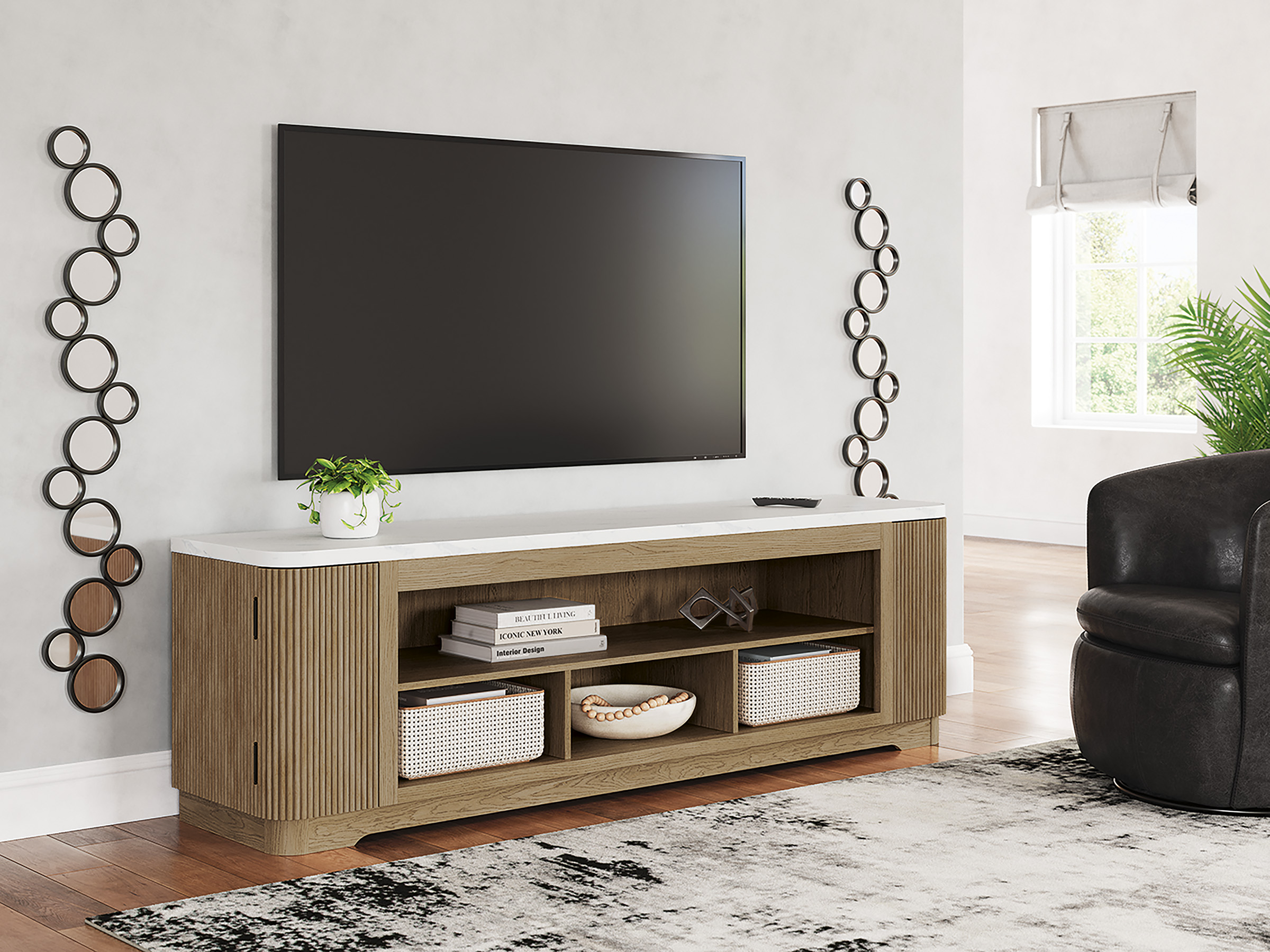 Camdill 74" XL Modern Oak TV Stand - Light Brown & Black