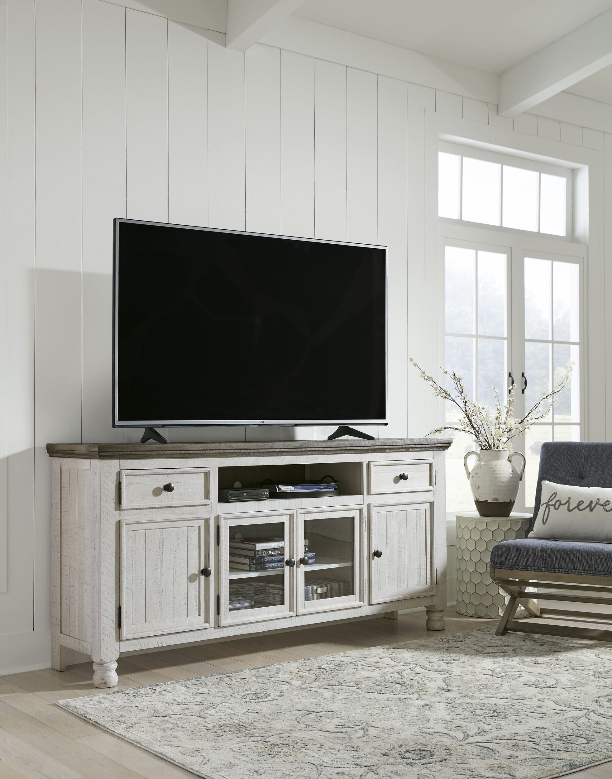 Havalance 74" XL Farmhouse TV Stand - Vintage White & Weathered Gray