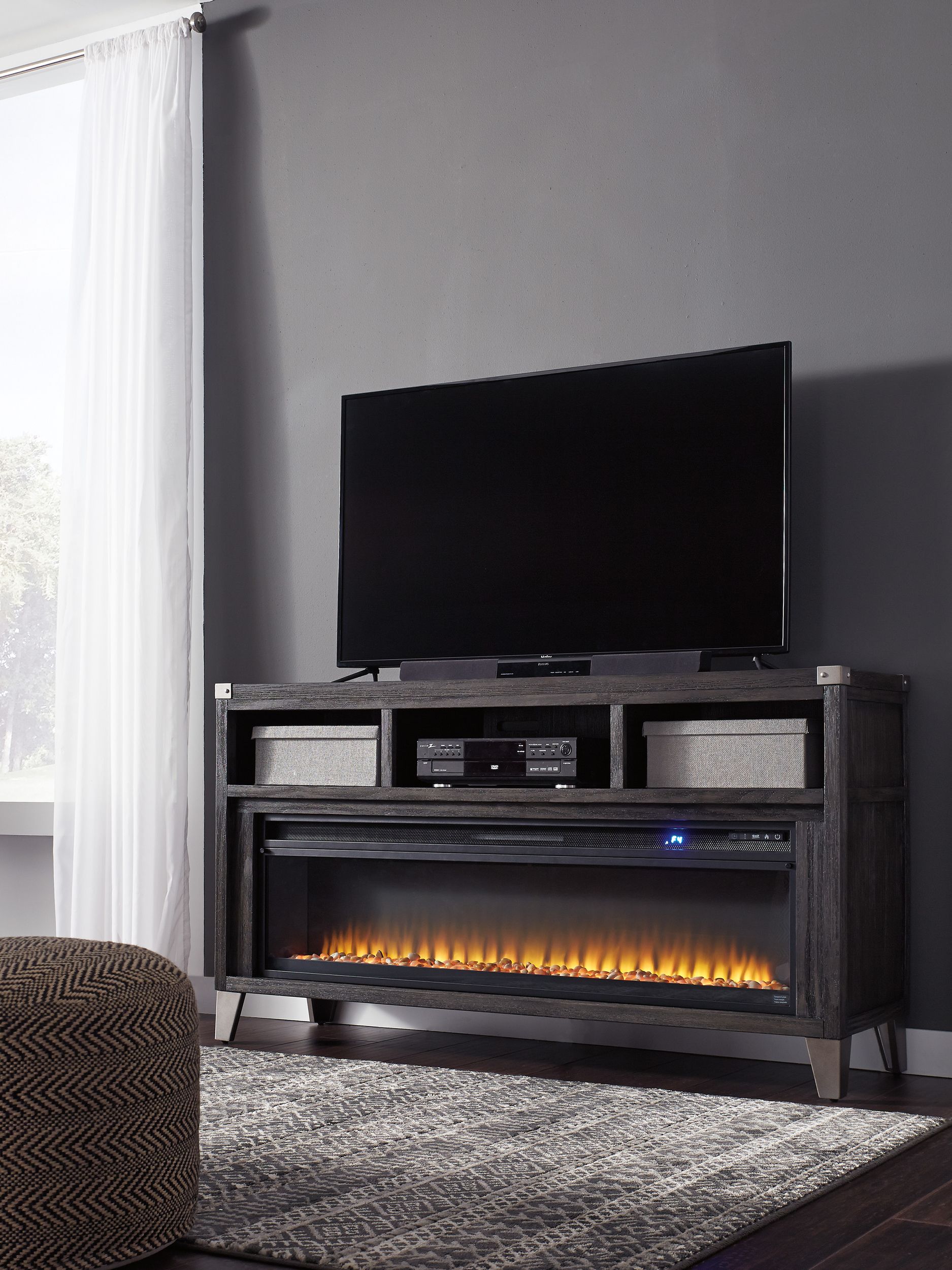 Todoe 65" TV Stand with Electric Fireplace - Gray Industrial