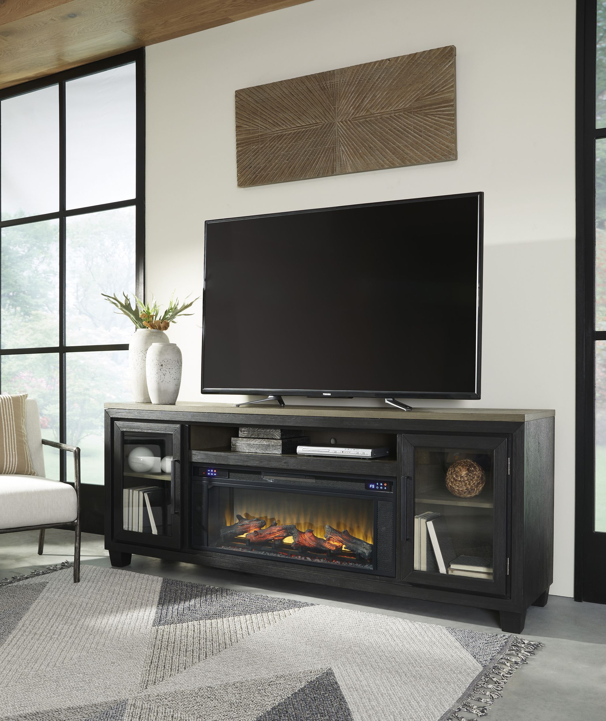 Foyland 83" TV Stand with Electric Fireplace - Black & Brown