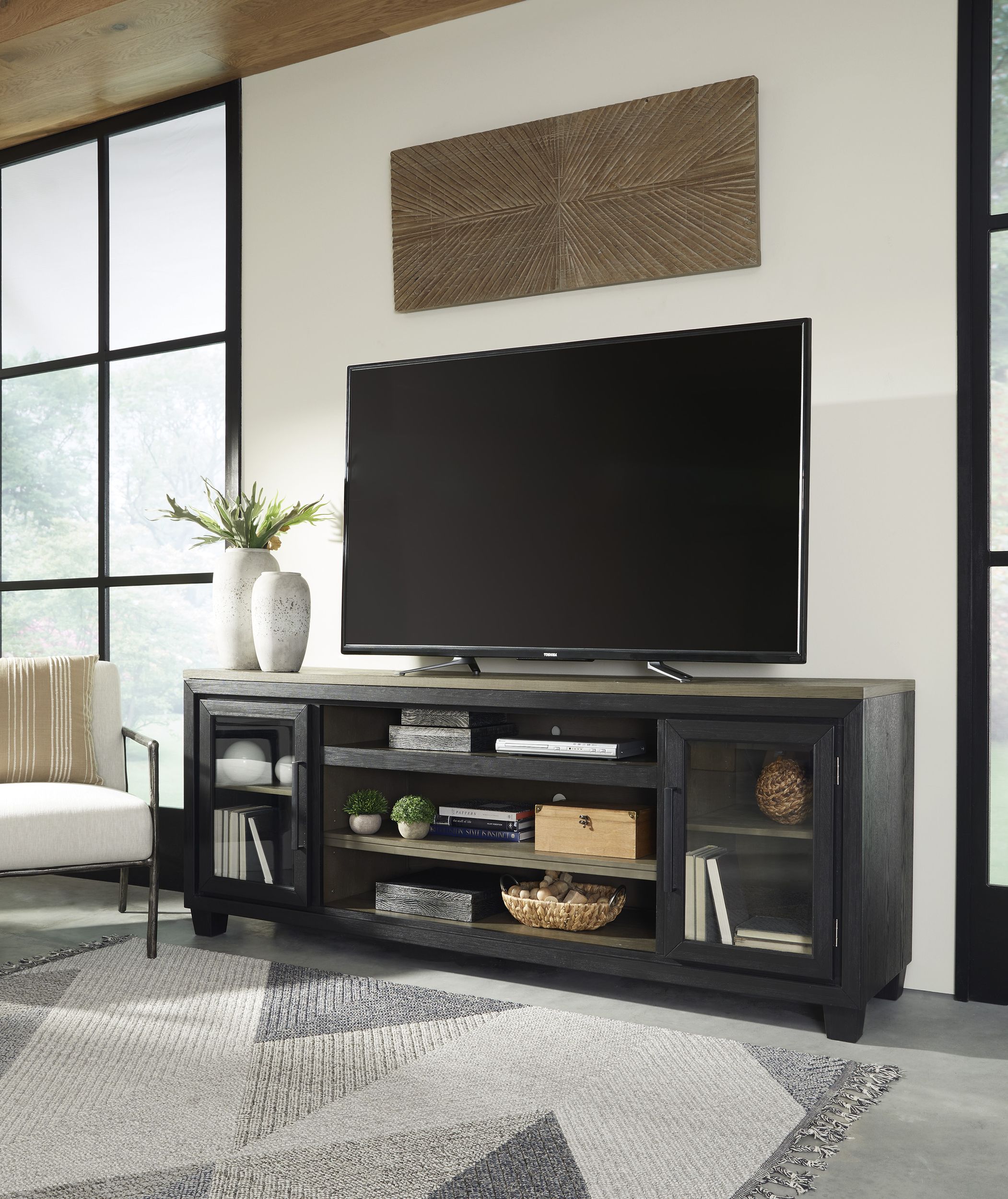 Foyland 74" XL Industrial Barn Door TV Stand - Distressed Black & Brown