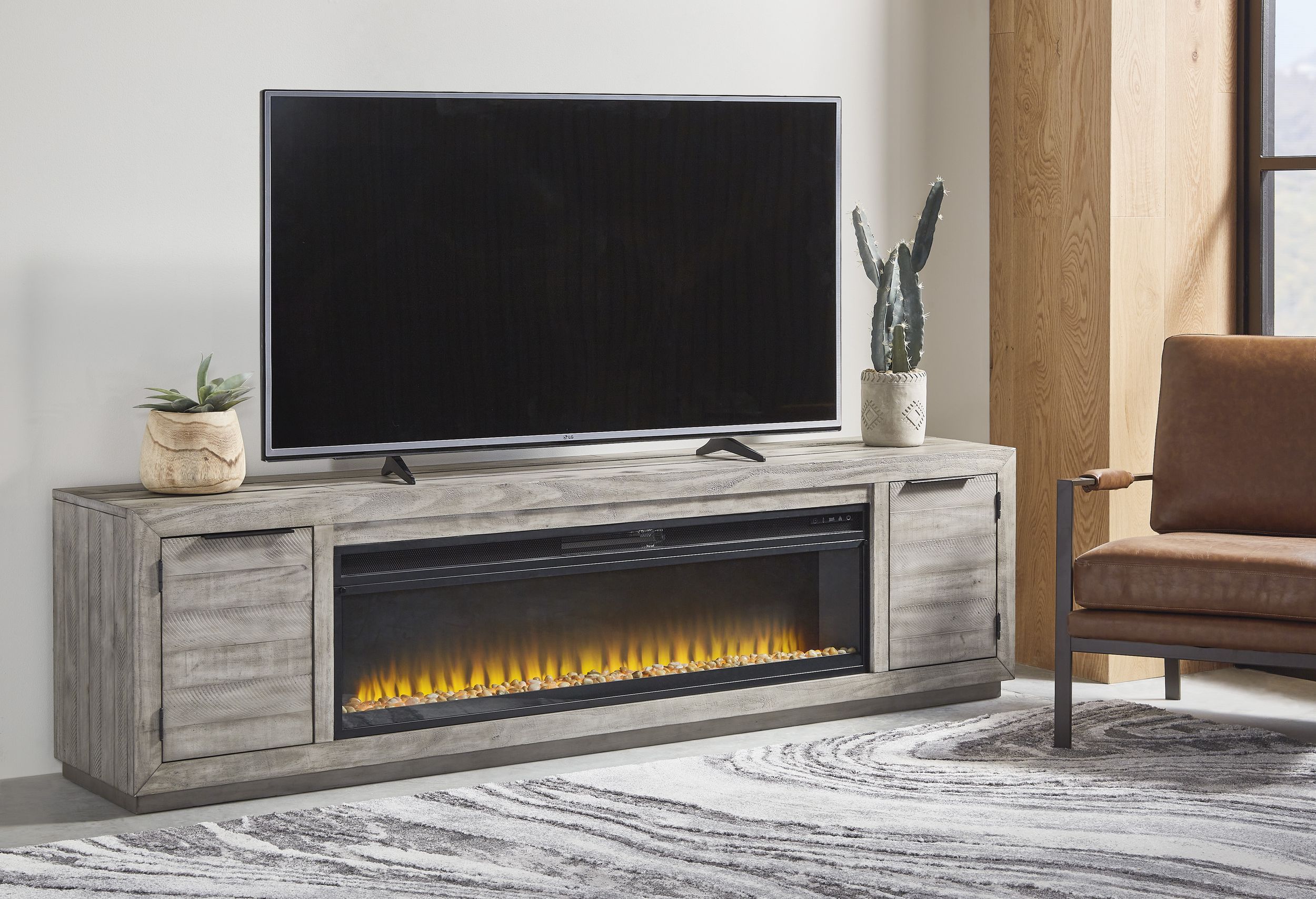 Naydell 92" TV Stand with Electric Fireplace - Gray Finish