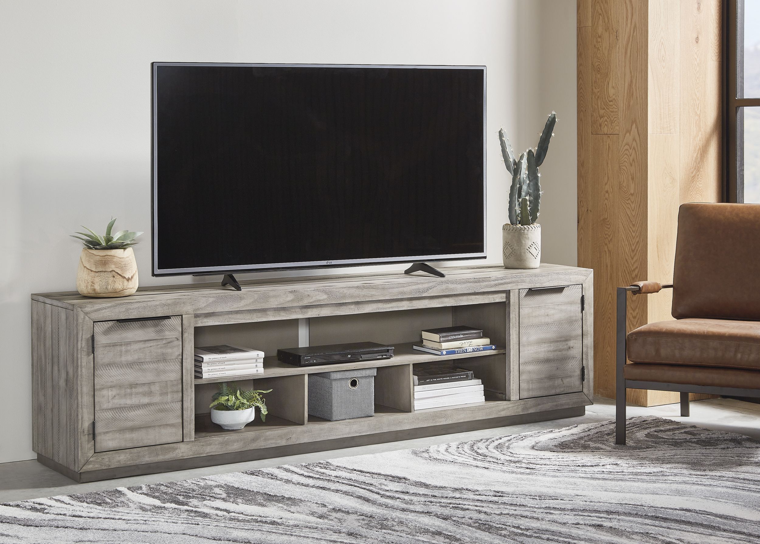 Naydell 74" XL Modern TV Stand - Gray Stone & Weathered Wood