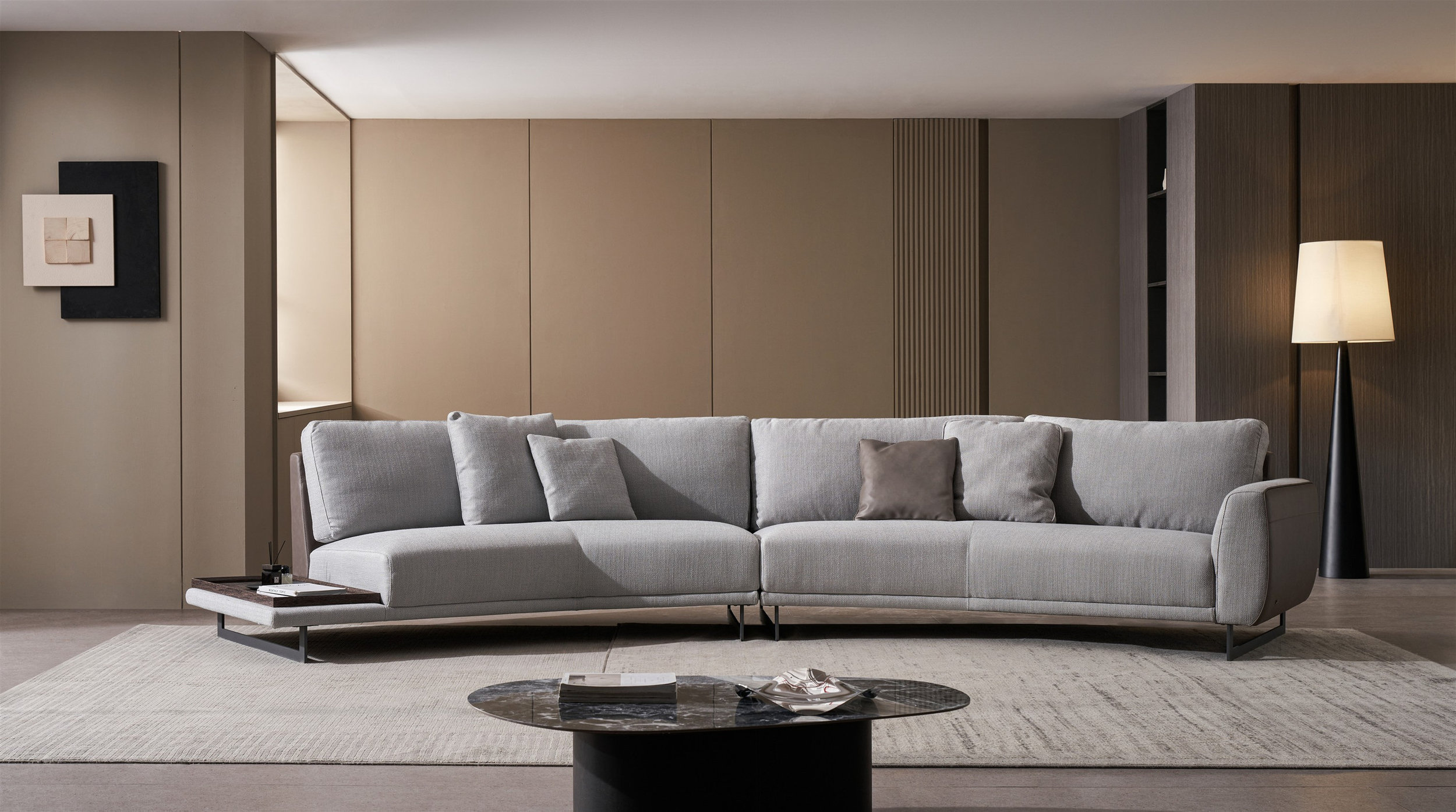 S388 Curved Fabric Sectional with Wood End Table