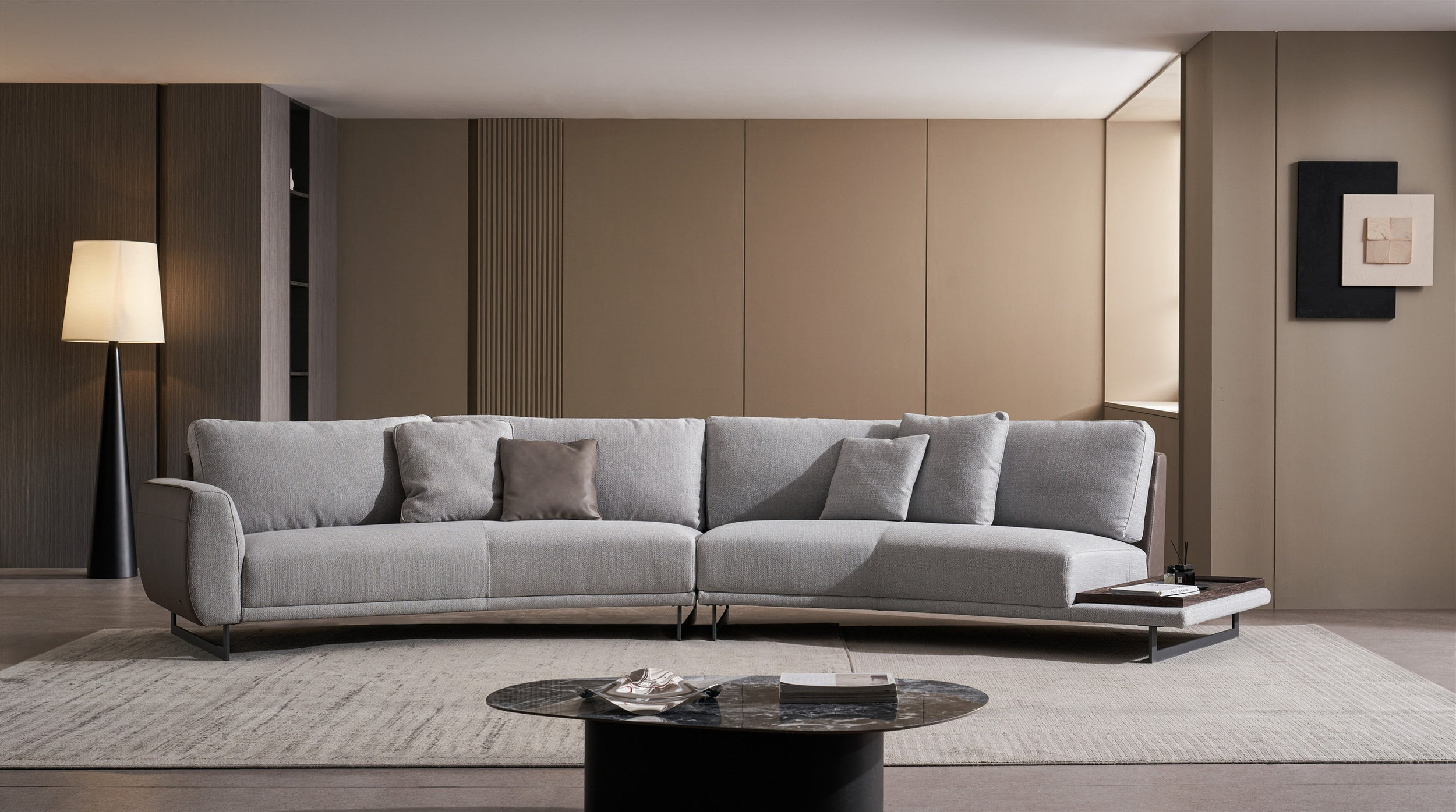 S388 Curved Fabric Sectional with Wood End Table