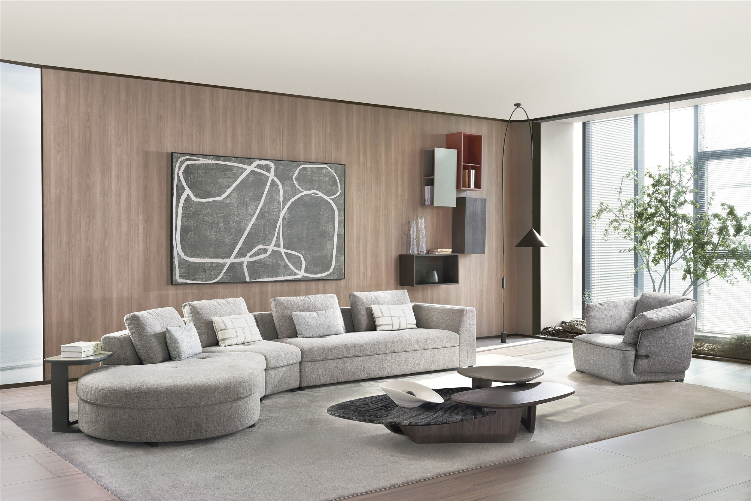 S389 Curved Fabric Sectional with Left Facing Chaise