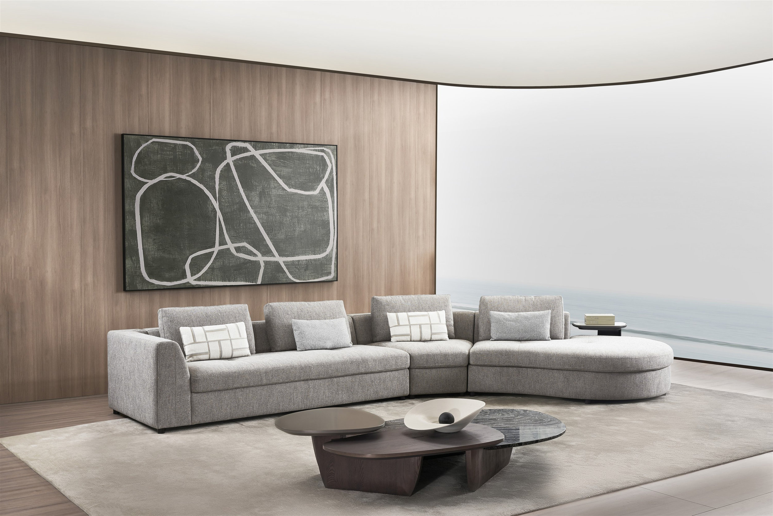 S389 Curved Fabric Sectional with Right Facing Chaise